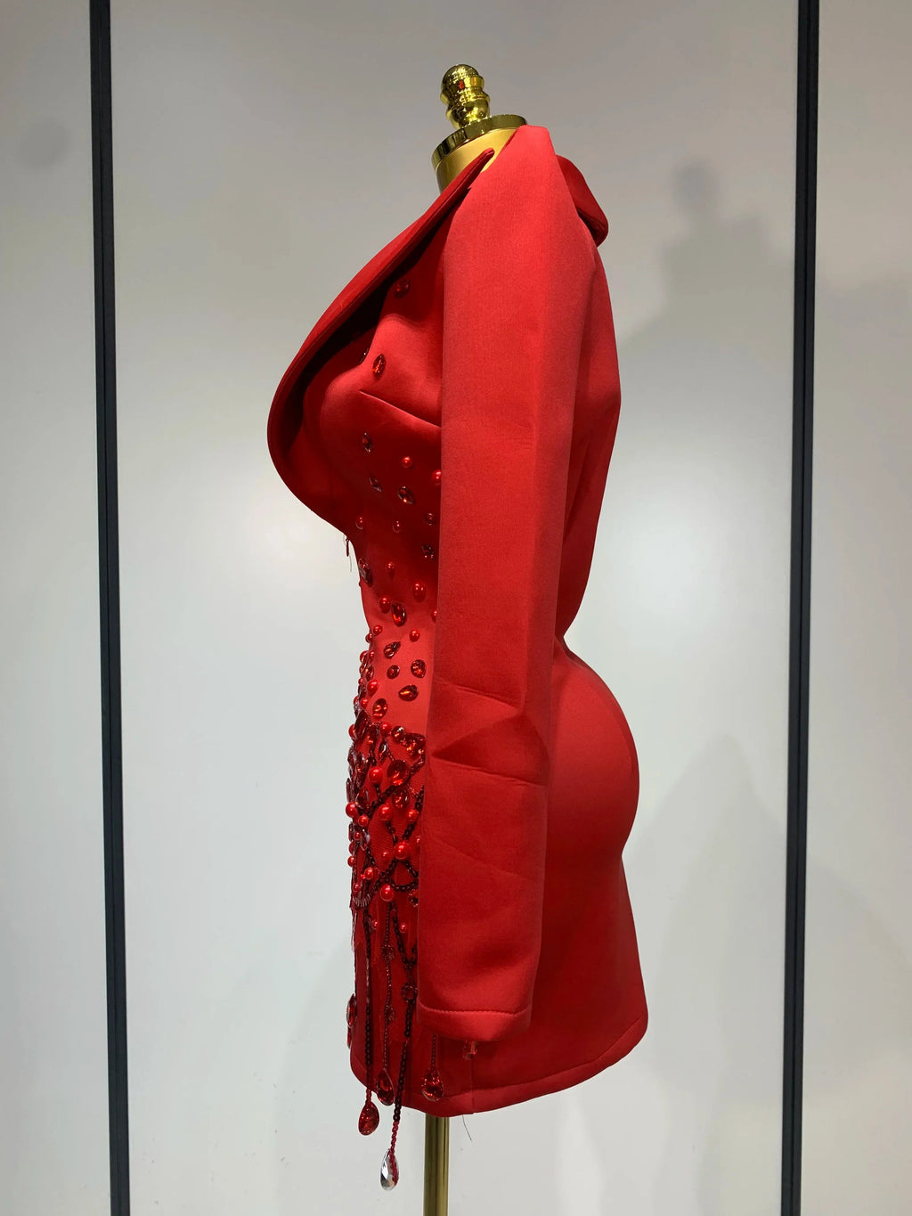 Luxury Rhinestone Deep V-Neck Slim Fit Red Suit Dress  Fashion Celebirty Elegant Evening Club Party Dresses