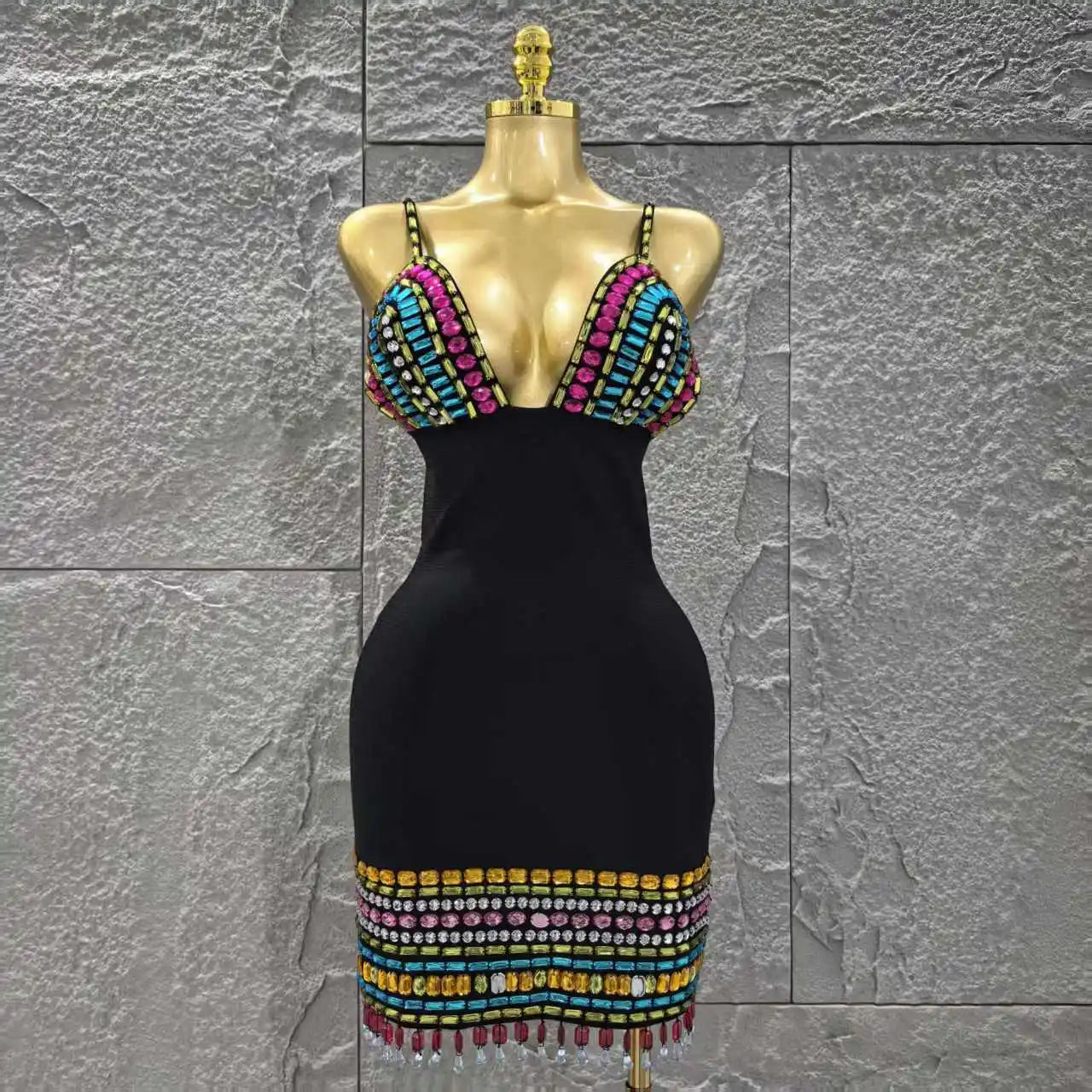 Women Sleeveless Sexy V-Neck Shinning Crystal Bodycon Mini Bandage Dress Celebrate Nightclub Party Outfit Vestido black