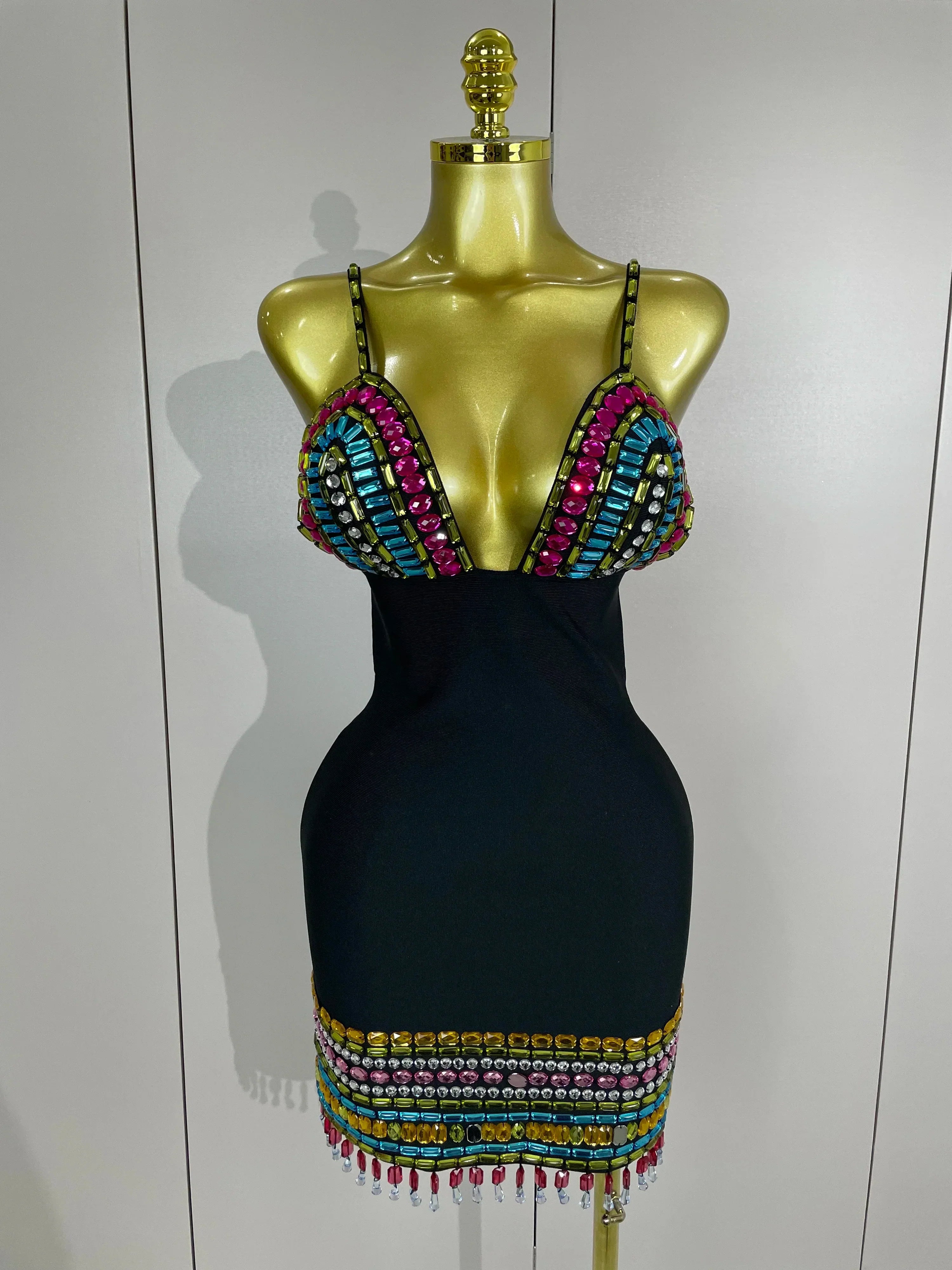 Sparkly Colorful Diamonds V Neck Black Bodycon Bandage Dress Celebrity Elegant Evening Club Party Luxury Birthday Dresses black