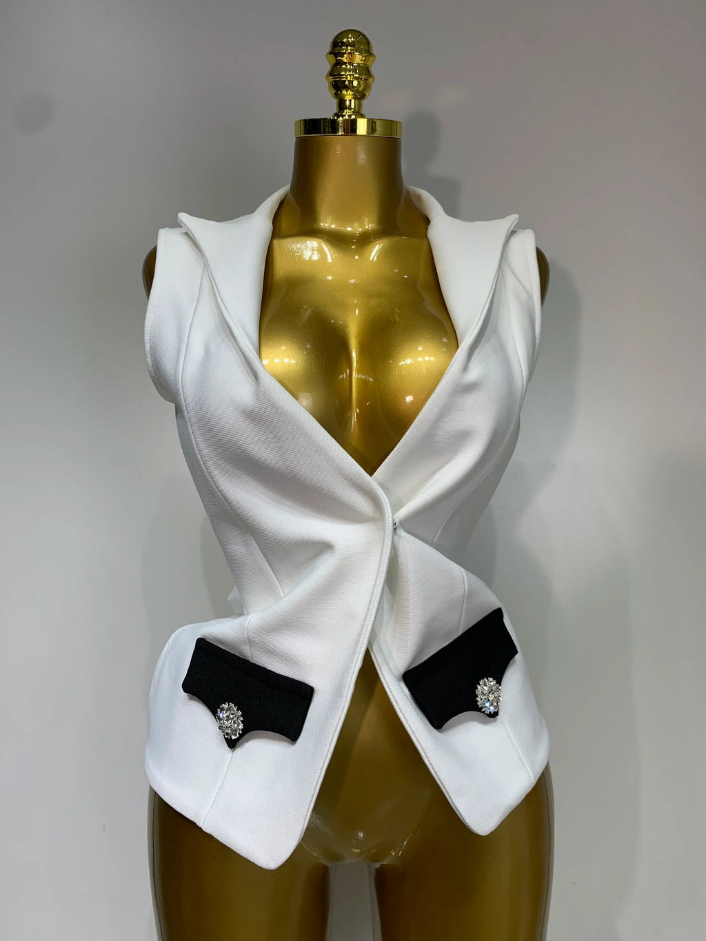 Fashion Black White Bandage Jacket Two Piece Set Women Slim Fit Diamond Button Suit Jackets Coat