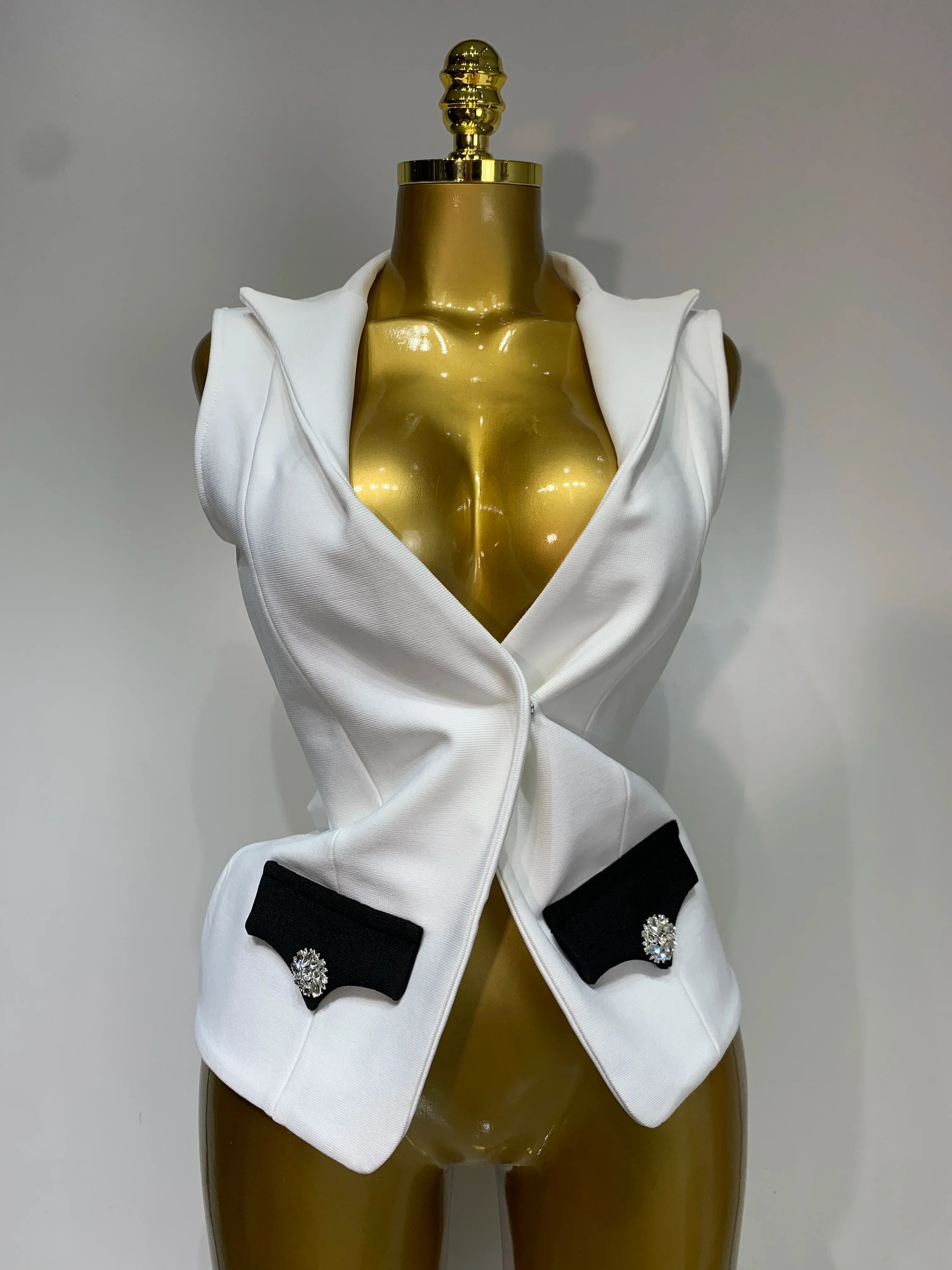 Fashion Black White Bandage Jacket Two Piece Set Women Slim Fit Diamond Button Suit Jackets Coat