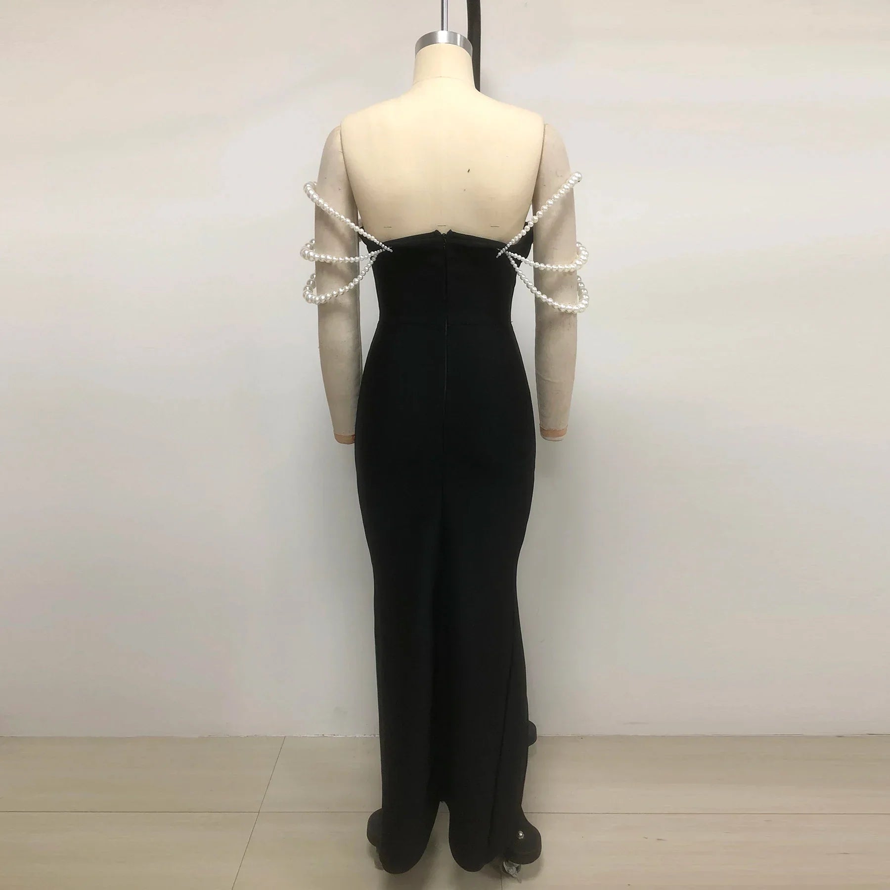 Arrival Women Sexy Strapless Big Pearl Beading Bodycon Long Bandage Dress Celebrate Evening Party Red Carpet Fashion Outfit
