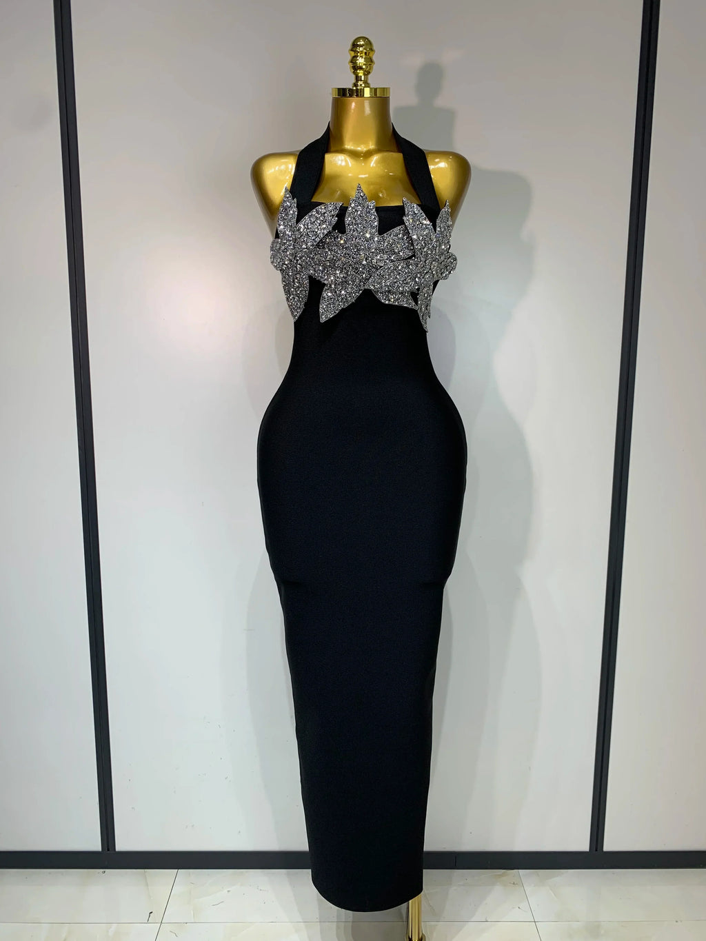 Women Sexy Sleeveless Halter Backless Shiny Diamond Flower Bodycon Bandage Dress Celebirty Elegant Evening Party Birthday Dress black