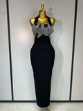 Women Sexy Sleeveless Halter Backless Shiny Diamond Flower Bodycon Bandage Dress Celebirty Elegant Evening Party Birthday Dress black