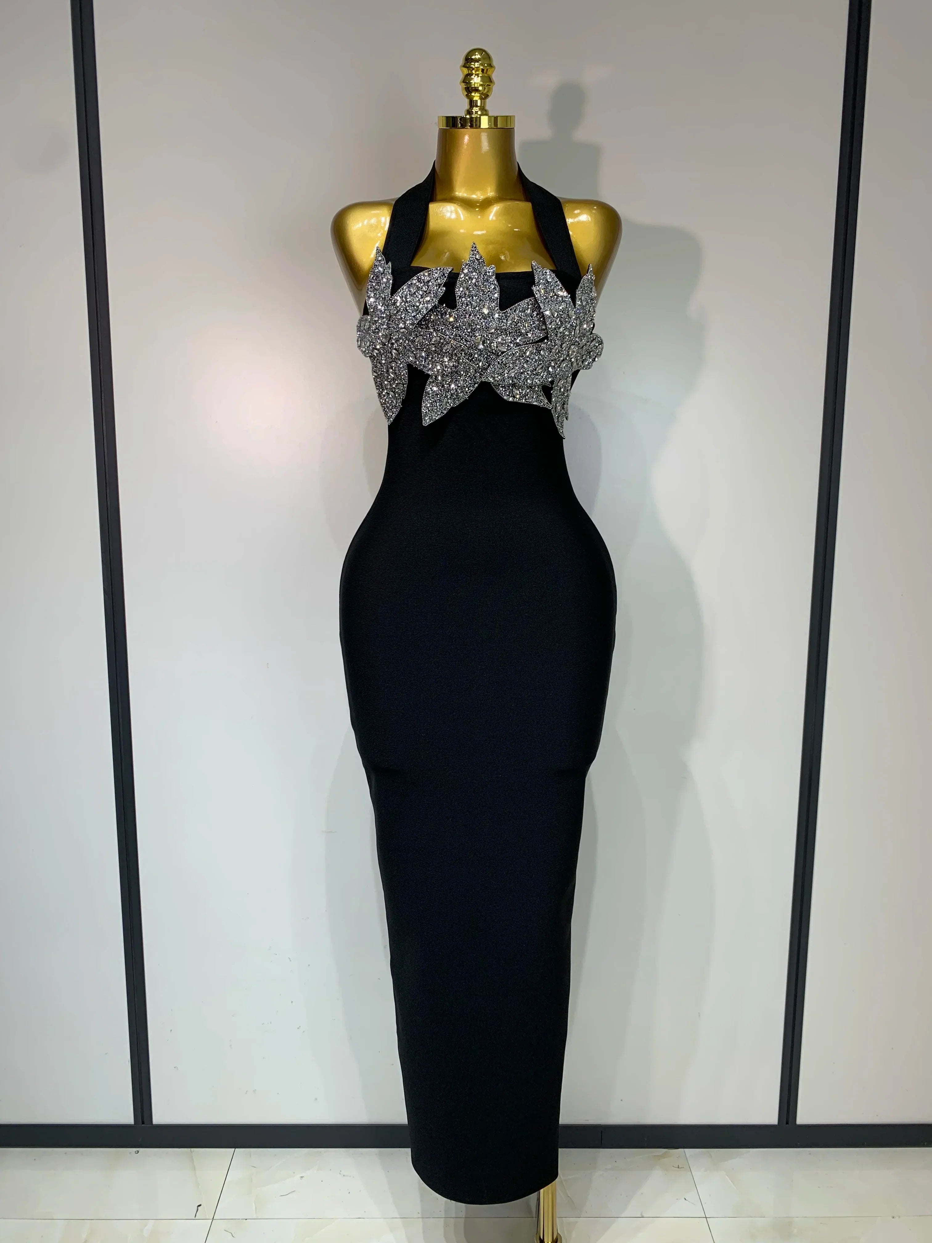 Women Sexy Sleeveless Halter Backless Shiny Diamond Flower Bodycon Bandage Dress Celebirty Elegant Evening Party Birthday Dress black