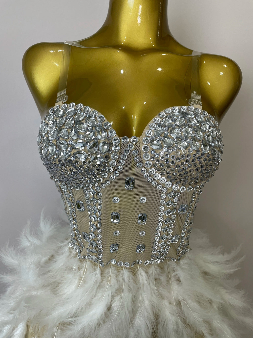 Women Sexy Sparkly Rhinestone Mesh Feather Long Dress Elegant Evening Party Celebrate Birthday Performance Costume