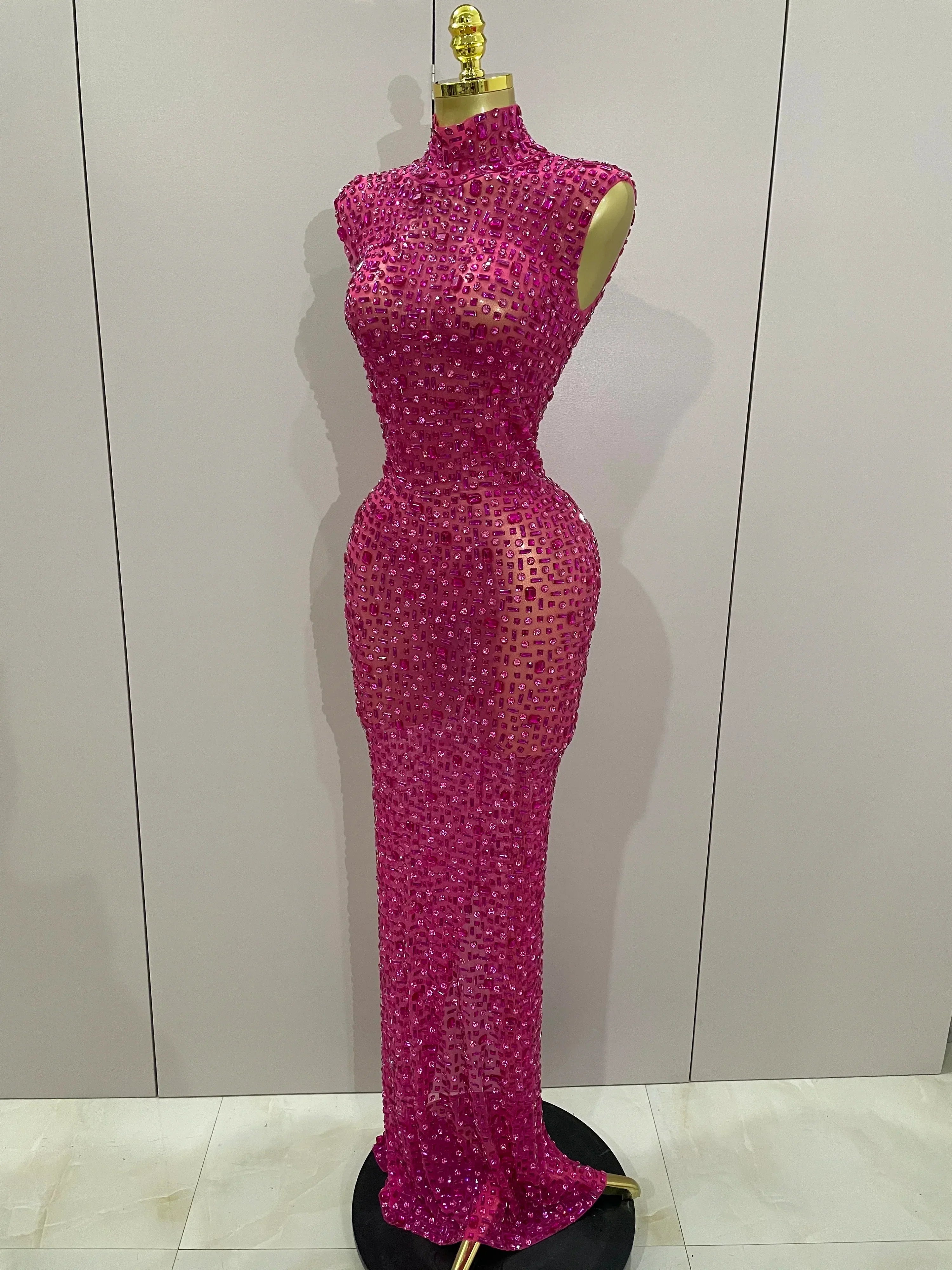 Sexy Sparkly Crystal Diamonds Mesh See Through Long Dress  Women Elegant Party Costume Singer Stage Performance Outfit
