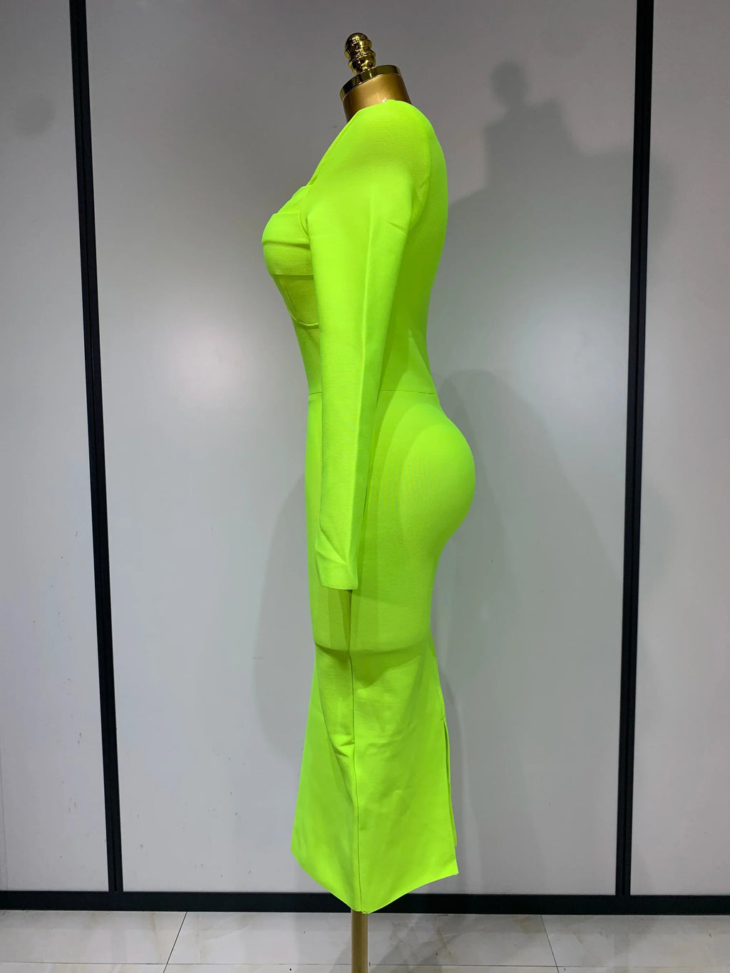 Women Sexy Long Sleeve Square Collar Fluorescent Green Midi Bodycon Bandage Dress  Elegant Evening Birthday Party Dresses