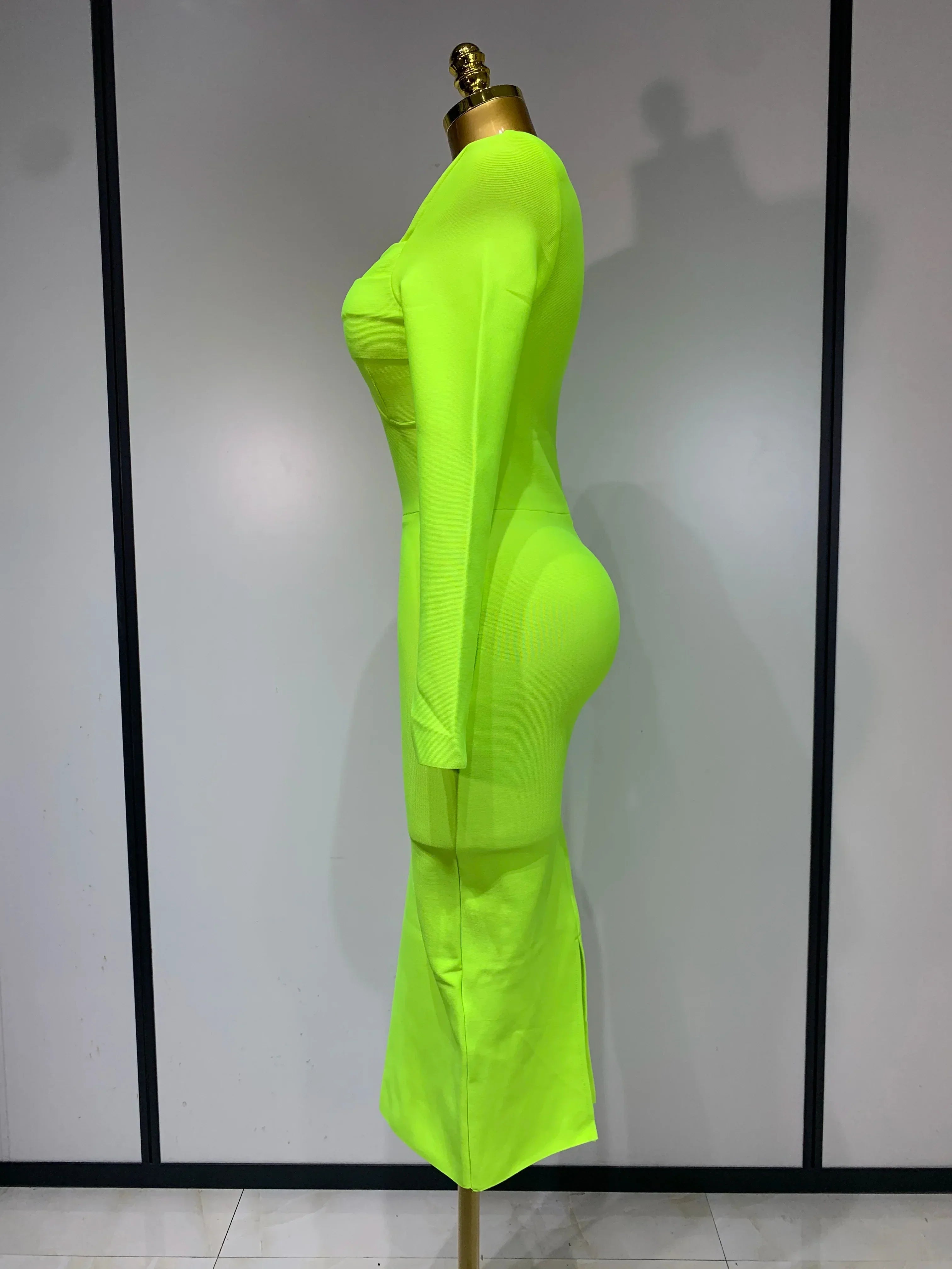 Women Sexy Long Sleeve Square Collar Fluorescent Green Midi Bodycon Bandage Dress  Elegant Evening Birthday Party Dresses