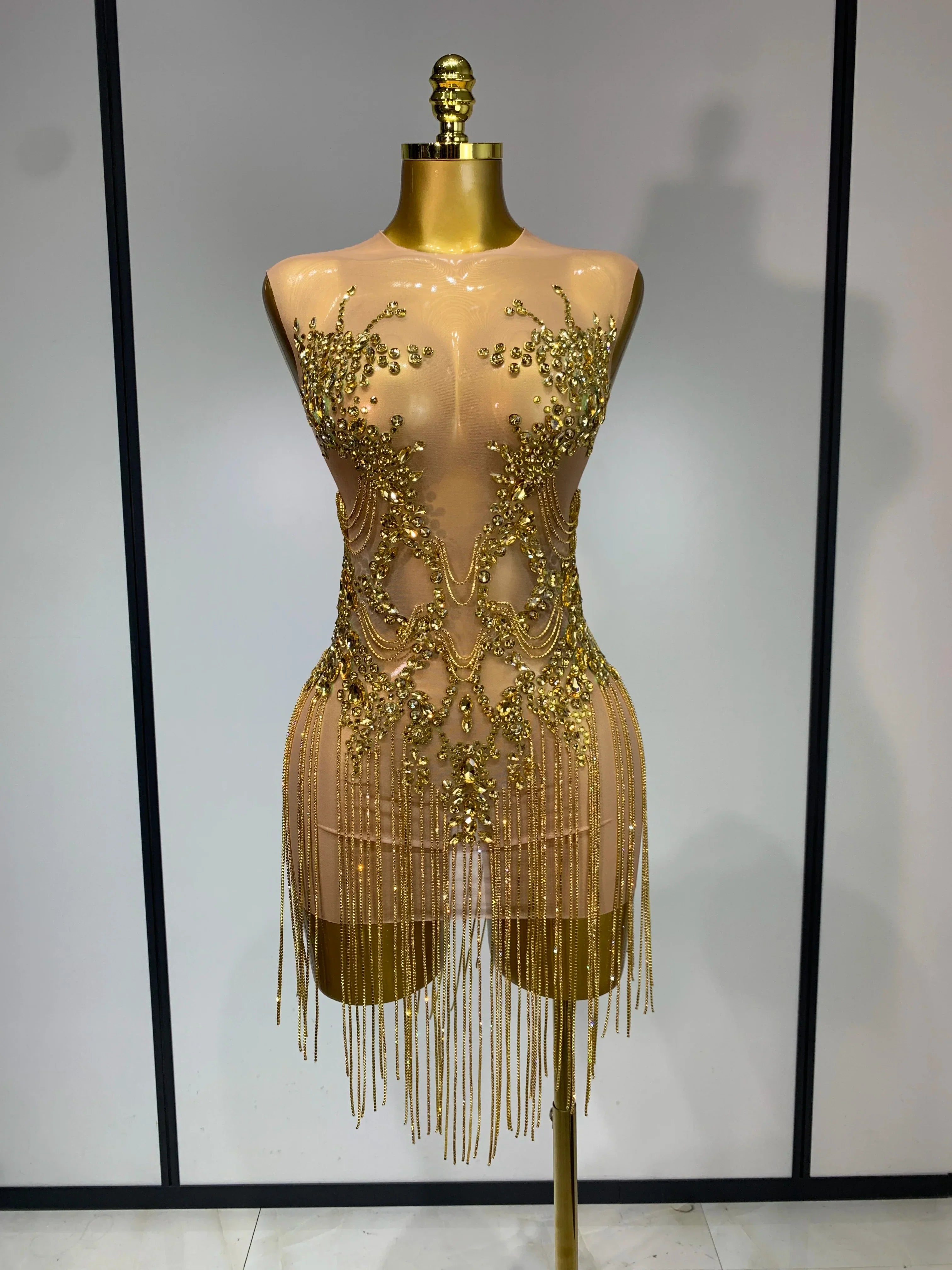 Luxury Rhinestones Chain Sleeveless Mini Dress Celebrity Elegant Sexy Performance Dance Nightclub Outfit Birthday Party Dress Gold
