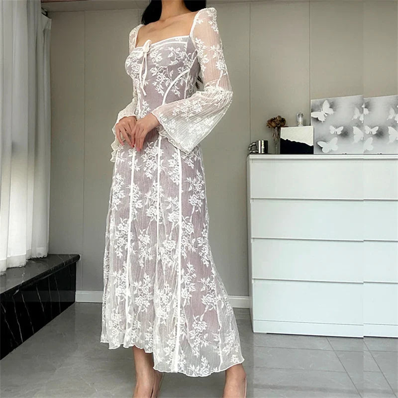 Lace Flared Sleeve ALine Midi Dress