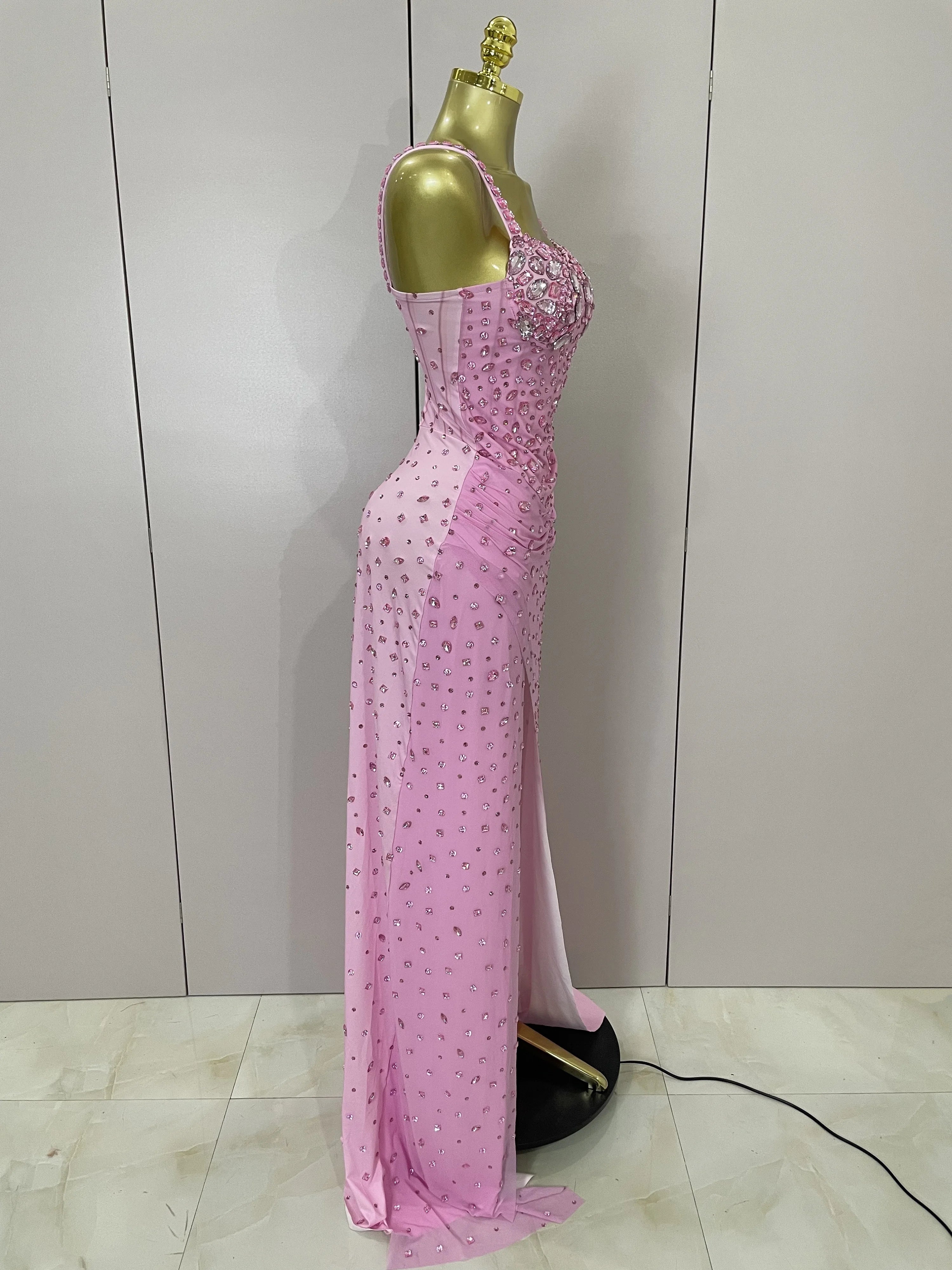 Luxury Pink Rhinestones Split Floor Length Dress  Women Sexy Evening Celebrate Birthday Party Dress Photoshoot Stage Wear