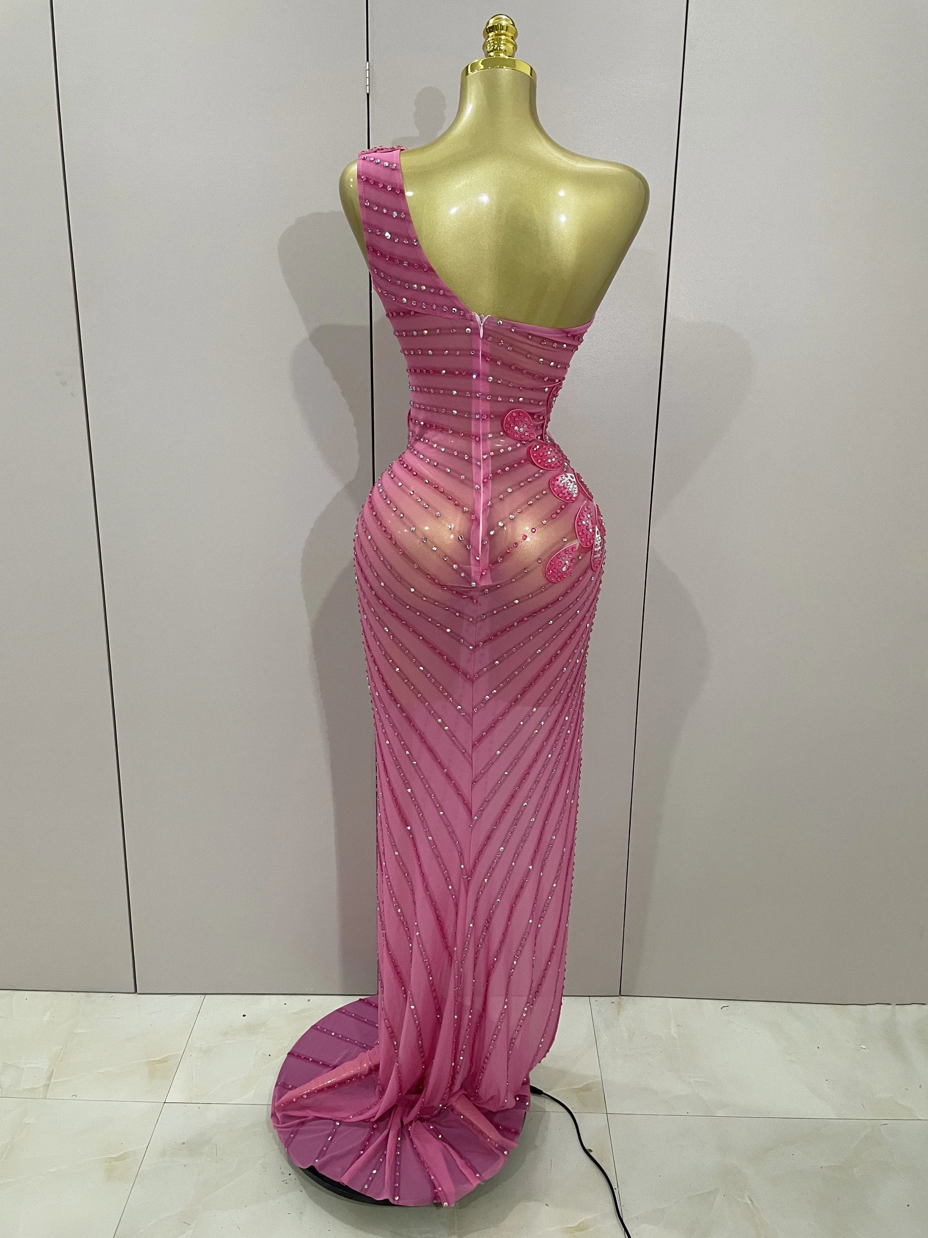 Luxury Shinning Rhinestones Flowers Sexy One Shoulder Bodycon Maxi Long Dress  Women Evening Birthday Party Stage Costume