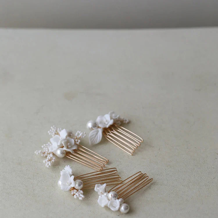 Bridal Jewelry Imitation Pearl Hair Comb Pin Porcelain Flower Head Piece Brides Gold Silver Color Hairpin Wedding Accessories