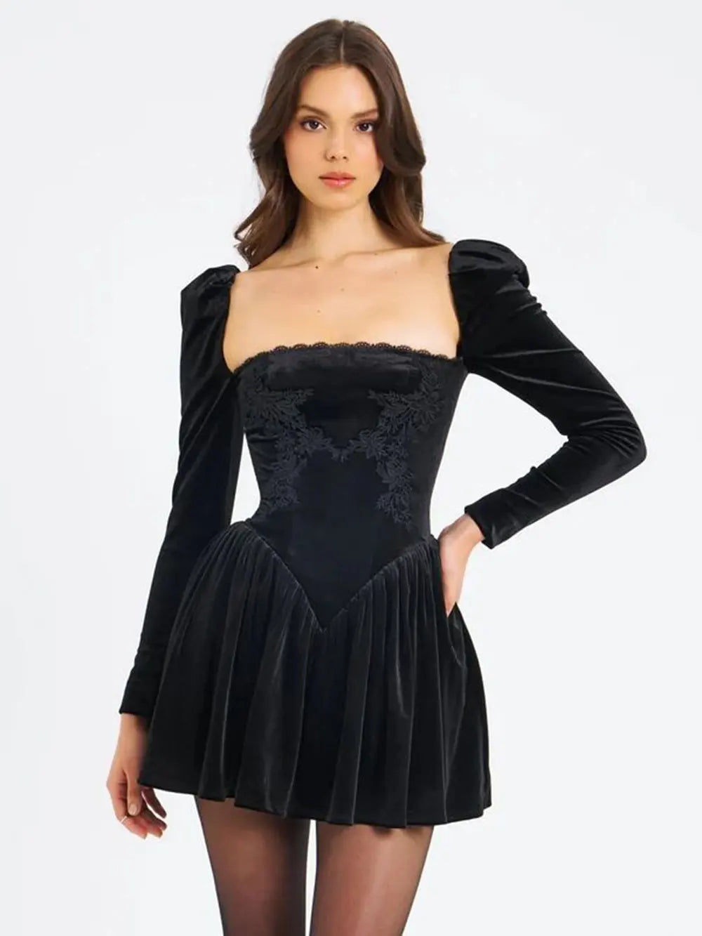 2024 Sexy Women's Christmas Dress Lace Square Collar Bubble Long Sleeve Slimming Bareback Drawstring pleated Mini Dress Vestidos black