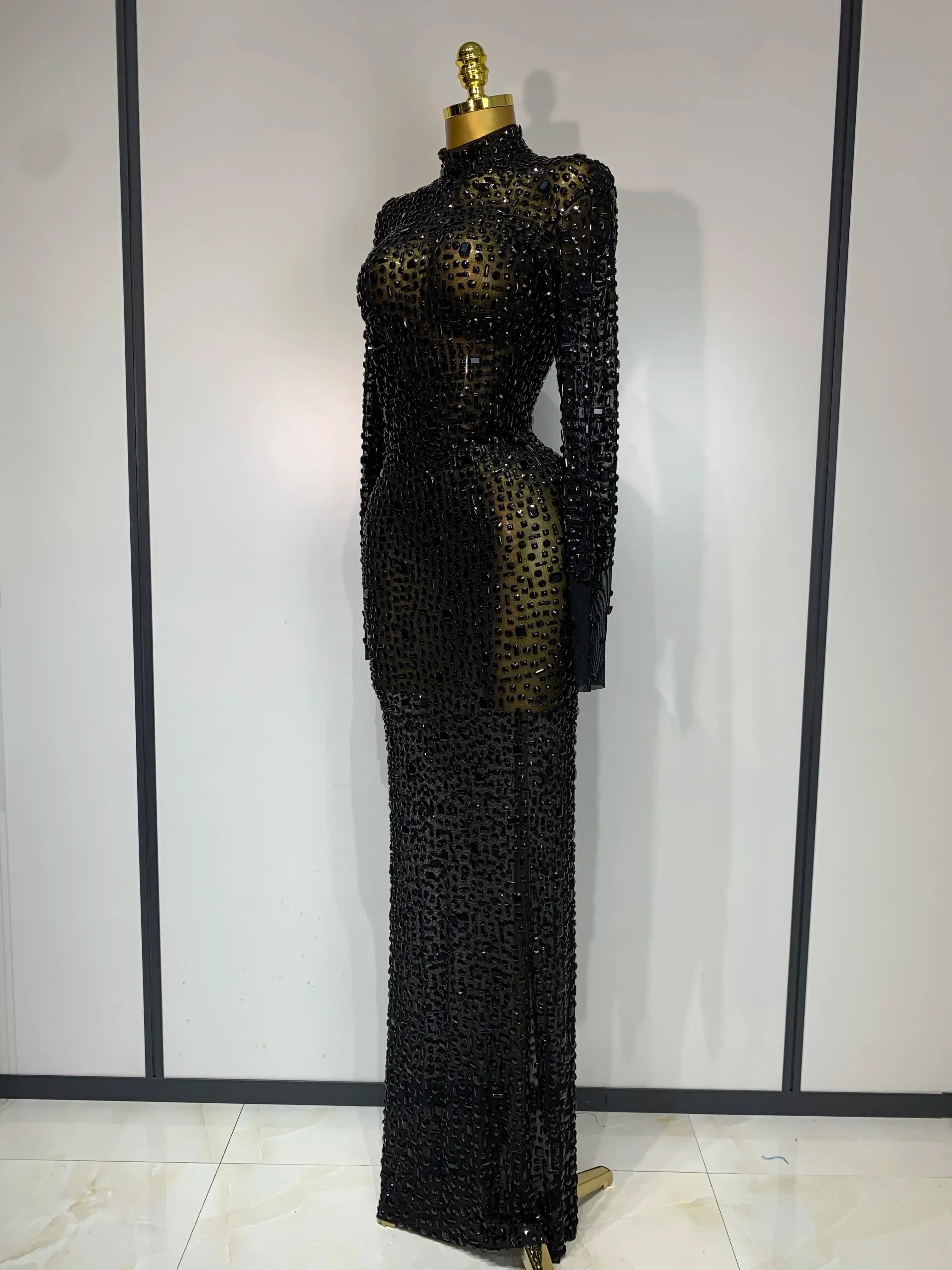 Sparkly Luxury Rhinstones Long Sleeve Elegant Party Dress Women  Performance Stage Outfit Evening Birthday Prom Gown