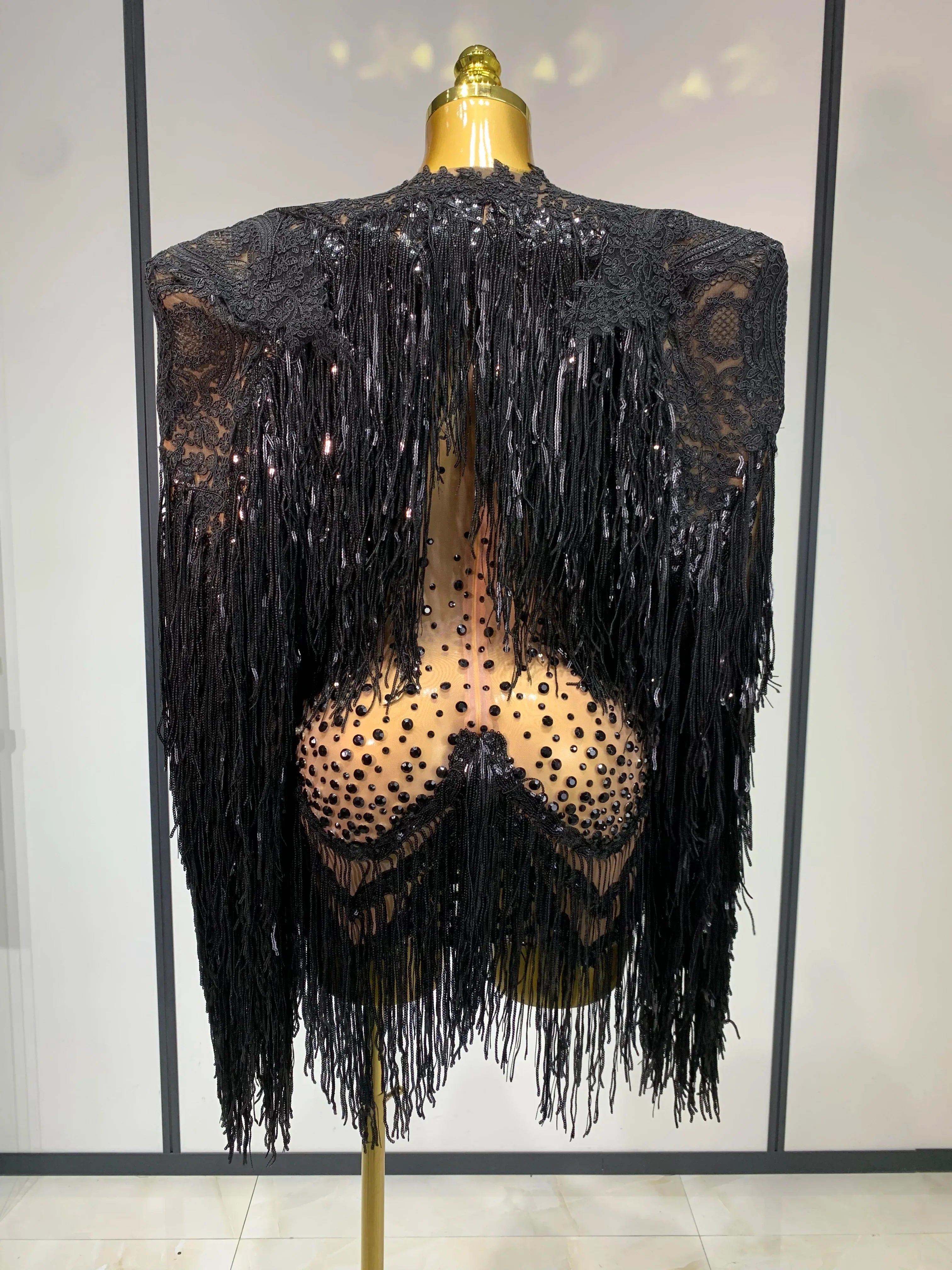 Rhinestones Tassels Mini Dress Suit Luxury Women Sexy See Through Mesh Party Club Dresses Performance Stage Outfit