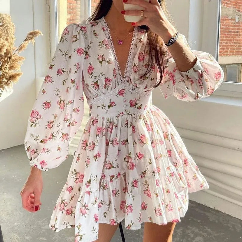 Vneck Lace Edge Midi Floral Dress
