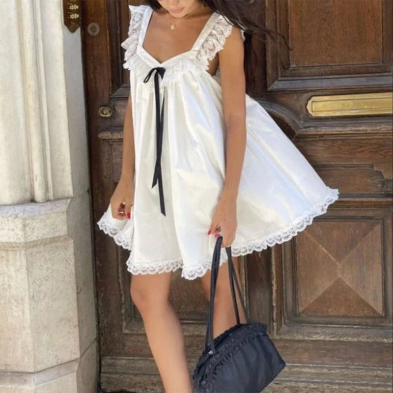 Ribbon Bow Lace Trim ALine Mini Dress