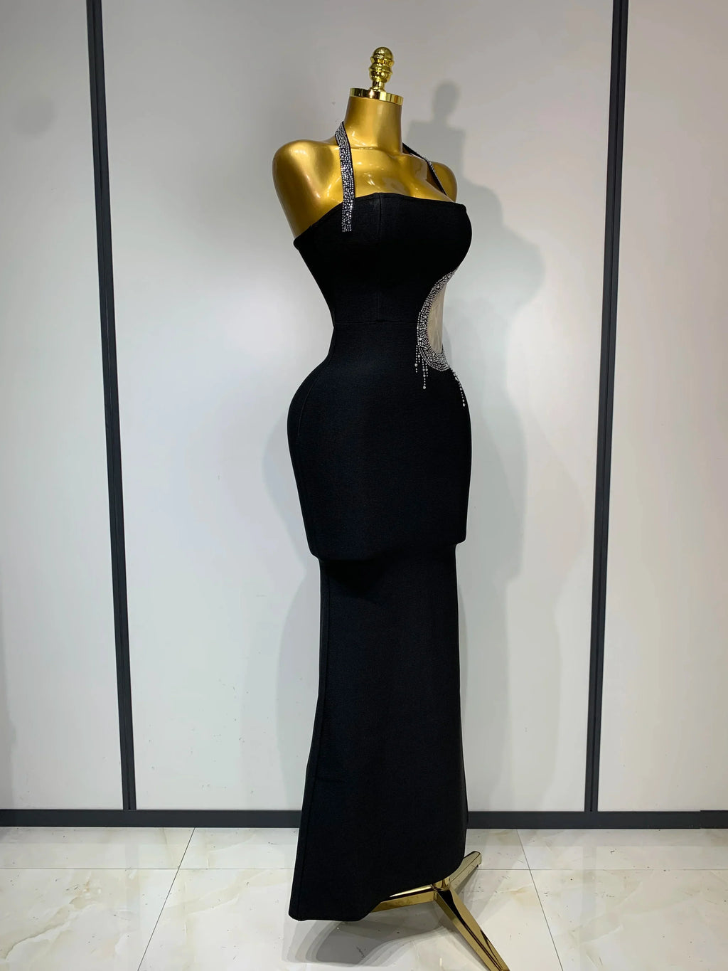 Women Sexy Rhinestone Halter Long Bandage Bodycon Dress  Celebrity Elegant Evening Party Luxury Birthday Wedding Dresses