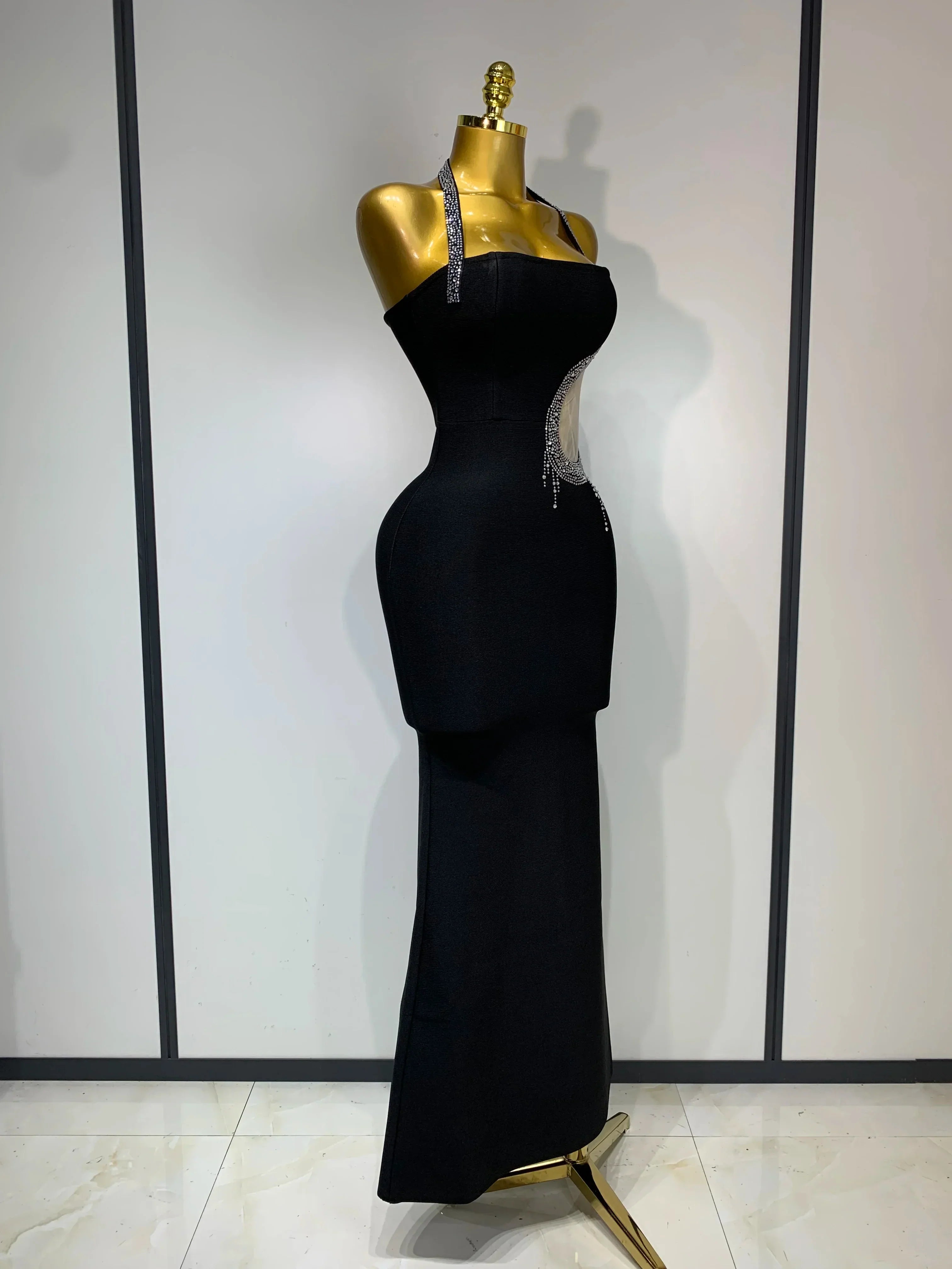 Women Sexy Rhinestone Halter Long Bandage Bodycon Dress  Celebrity Elegant Evening Party Luxury Birthday Wedding Dresses