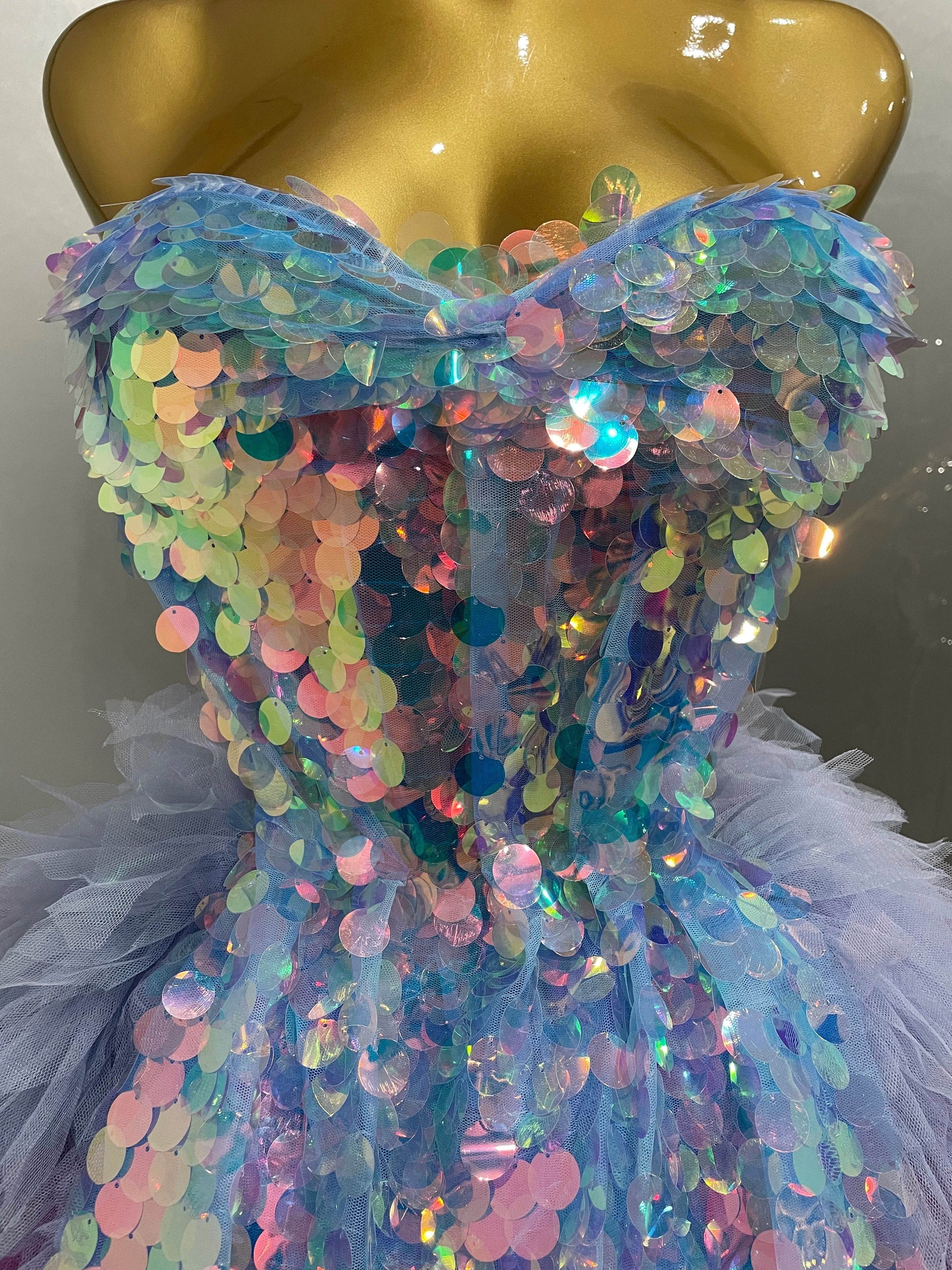 Stage Costume Women's Sparkly Sequin Mesh A Line Top Skirt 2 Pieces Set Nightclub Party Birthday Dress Photo Shoot Wear