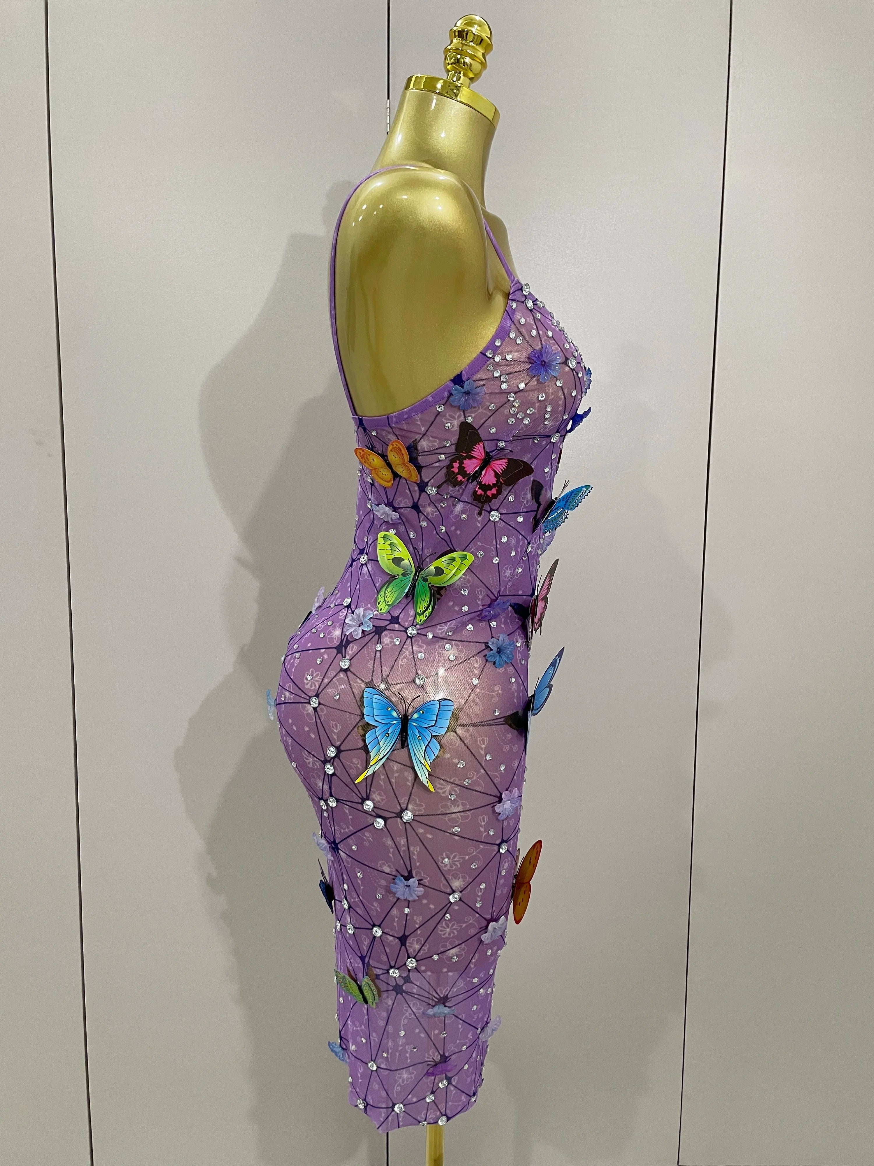 Women Celebrity Luxury Birthday Nightclub Stage Outfit  Sparkly Butterfly Purple Sexy Mesh See Through Dress