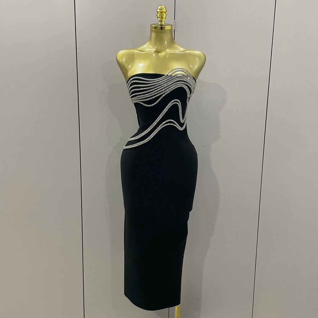 Sexy Strapless Diamond Lines Bodycon Bandage Long Dress  Women Celebrity Red Carpet Elegant Evening Birthday Party Dresses