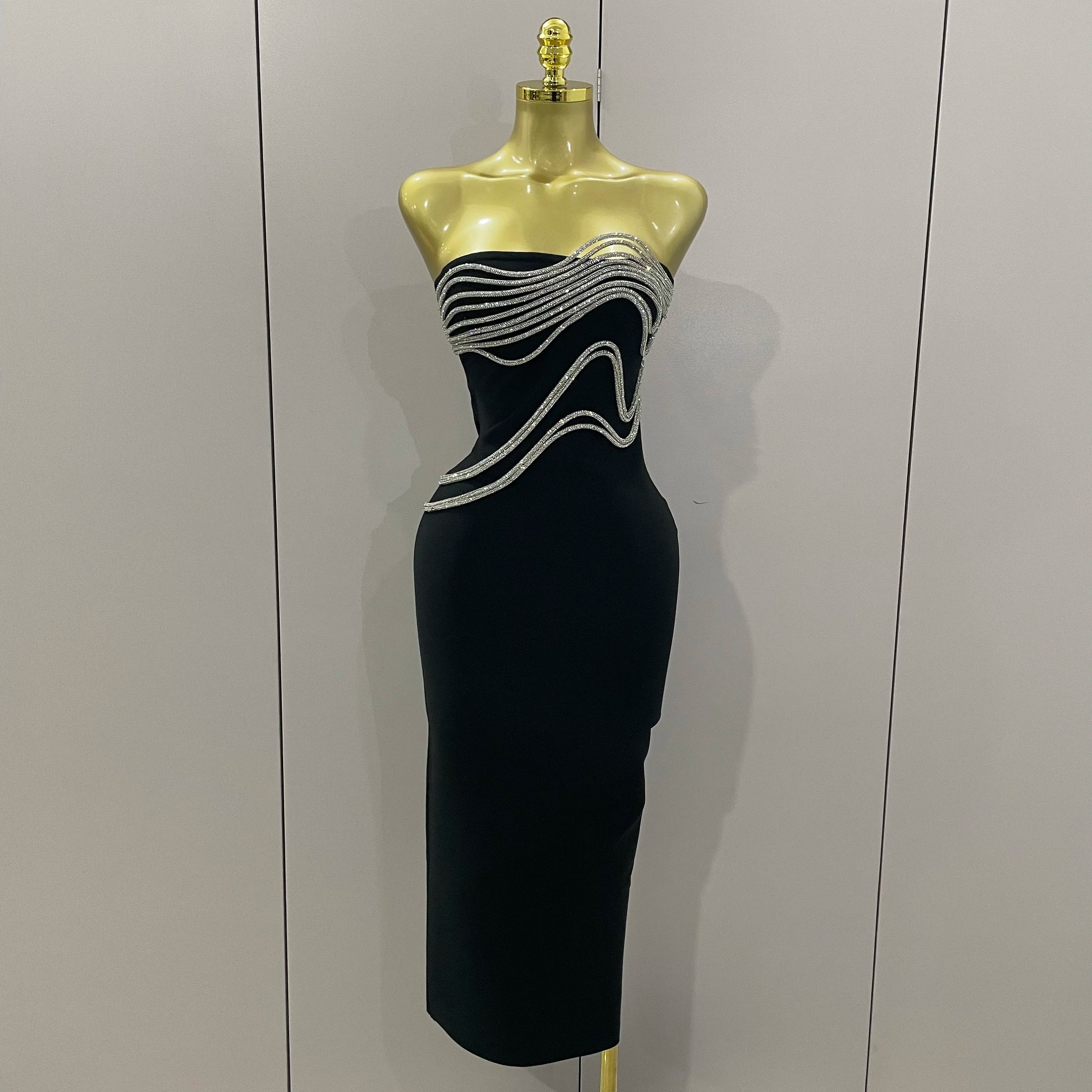 Sexy Strapless Diamond Lines Bodycon Bandage Long Dress  Women Celebrity Red Carpet Elegant Evening Birthday Party Dresses
