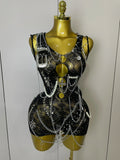Sexy Fashion Pin Decoration Fringe Beading Short Party Dress Women Hollow Out Nightclub Performance Singer Costume black