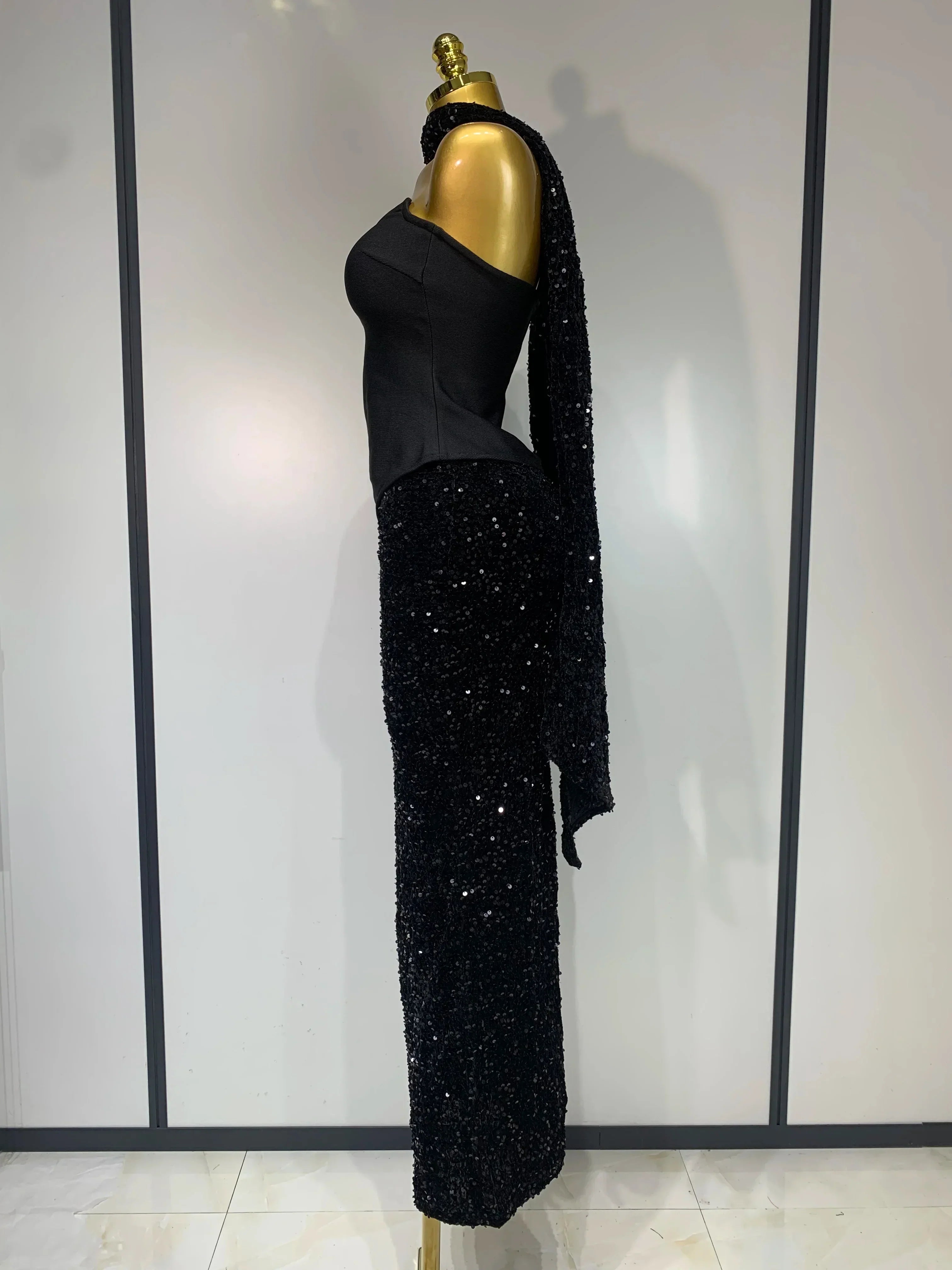 Women Sexy Strapless Sequin Black Maxi Long Bandage Three Piece Set  Knitted Elegant Evening Club Party Birthday Prom Gowns