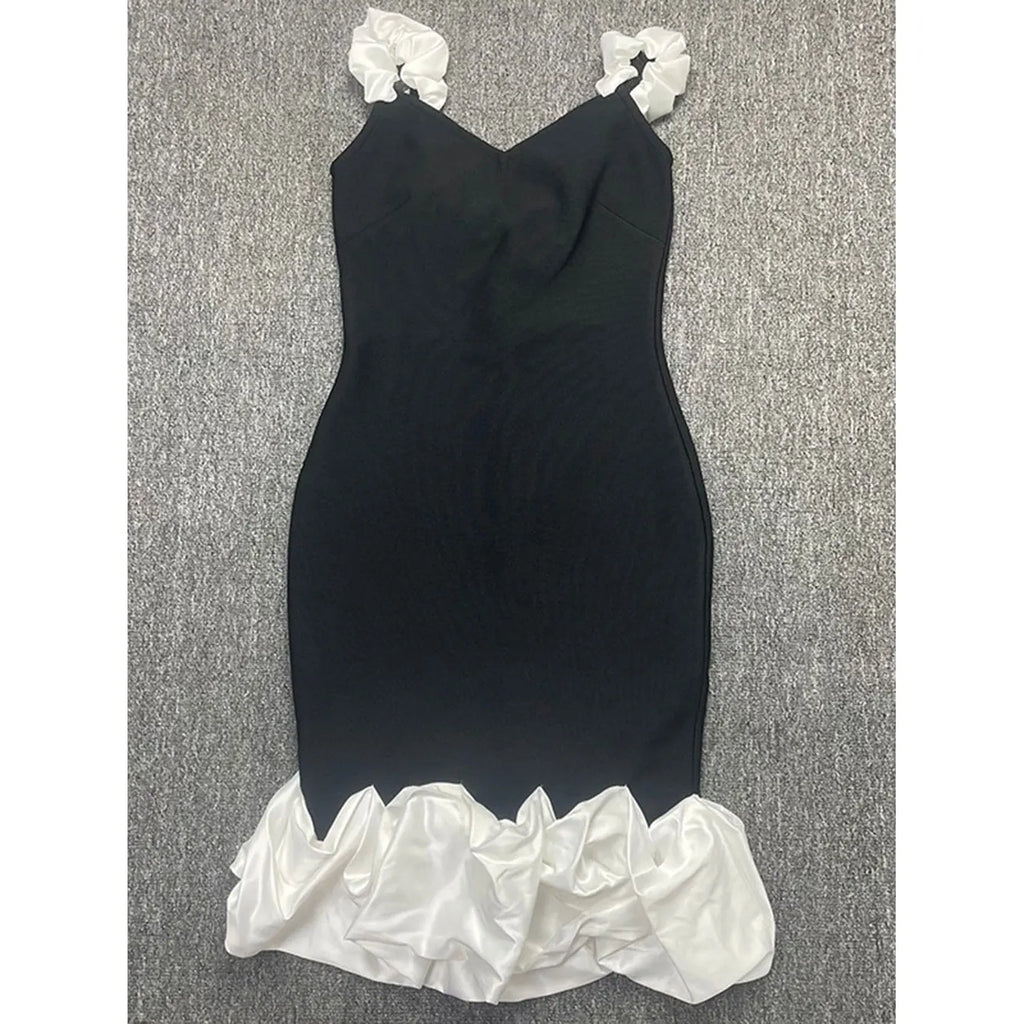 2024 Sexy Women'S Patchwork Draped Design Bandage Dress Spaghetti Strap Sleeveless Bodycon Backless Midi Dress Party Vestidos black