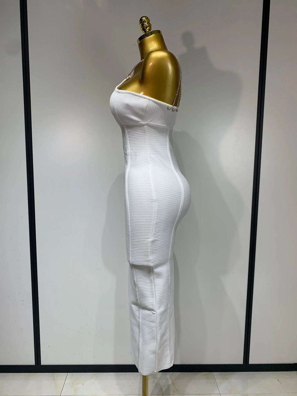 Sexy Sling Backless Crystal Diamonds Chain Bodycon Bandage Dress  White Elegant Evening Club Luxury Birthday Party Dresses