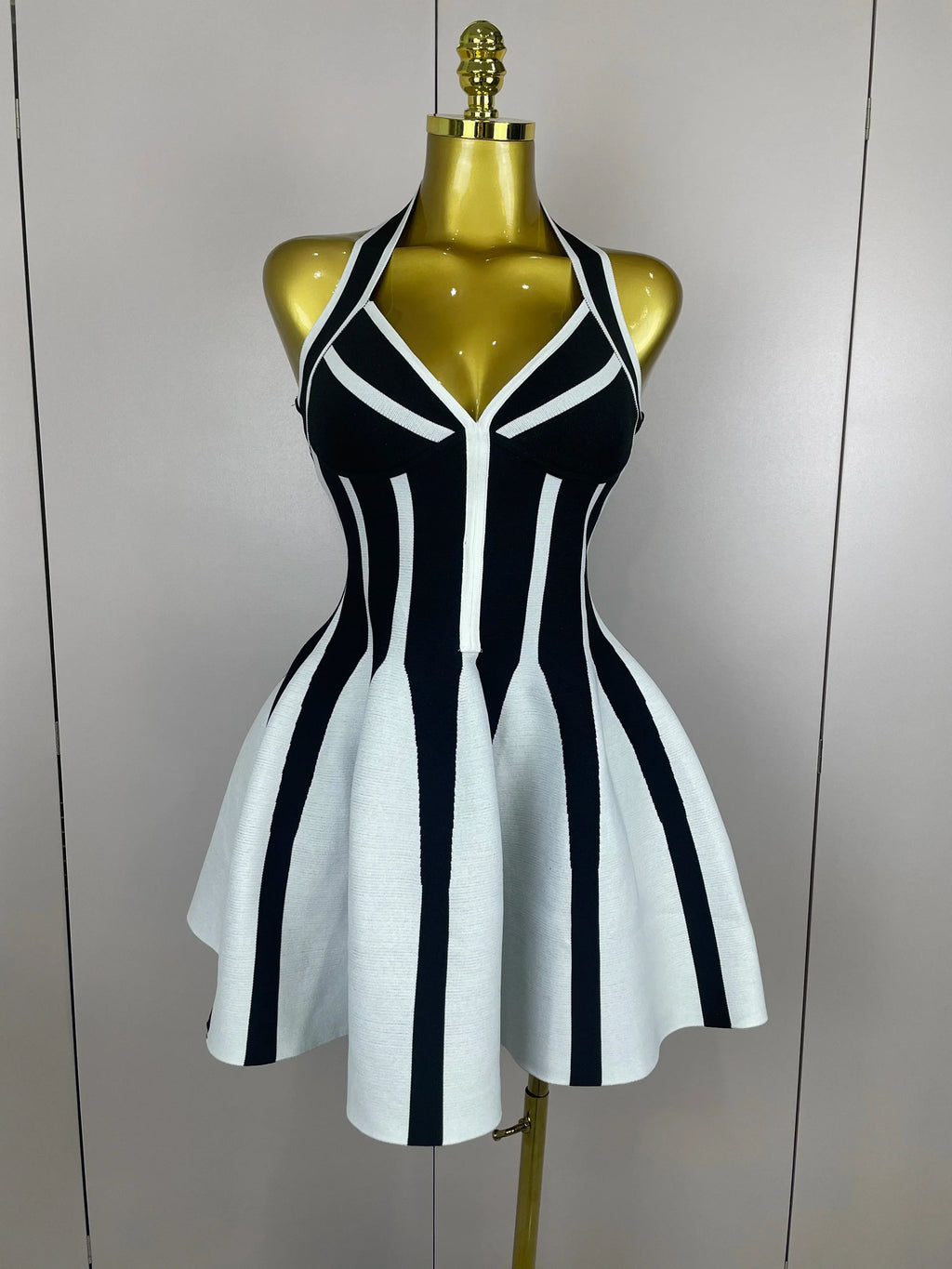 Sexy Backless Black White Stripes Halter Bandage A Line Short Dress Women Celebrity Elegant Evening Party Holiday Club Dress black