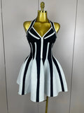 Sexy Backless Black White Stripes Halter Bandage A Line Short Dress Women Celebrity Elegant Evening Party Holiday Club Dress black