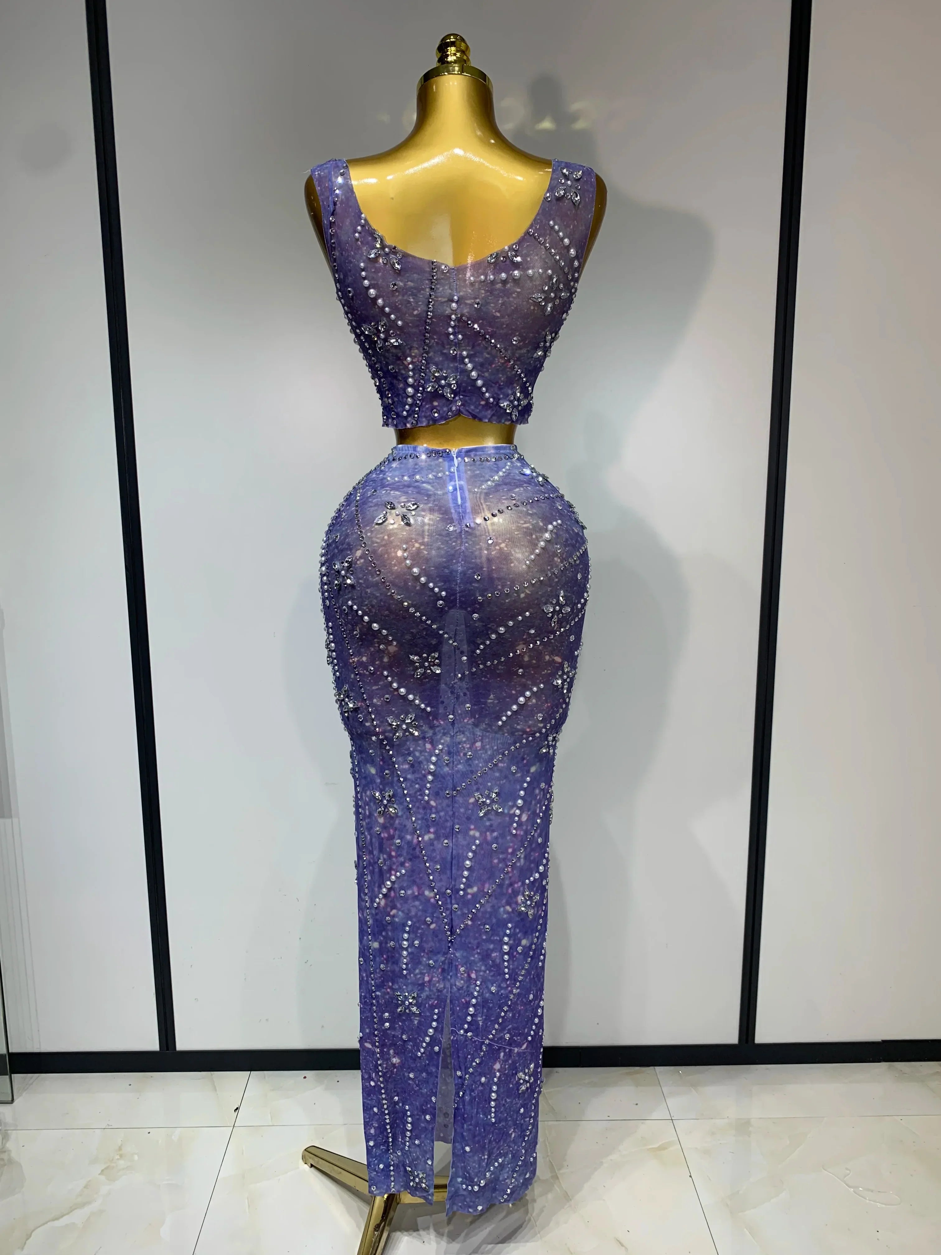 Sparkly Rhinestones Top Long Skirt Two Pieces Set Women Celebirty Luxury Birthday Dress Nightclub Stage Performance Costume