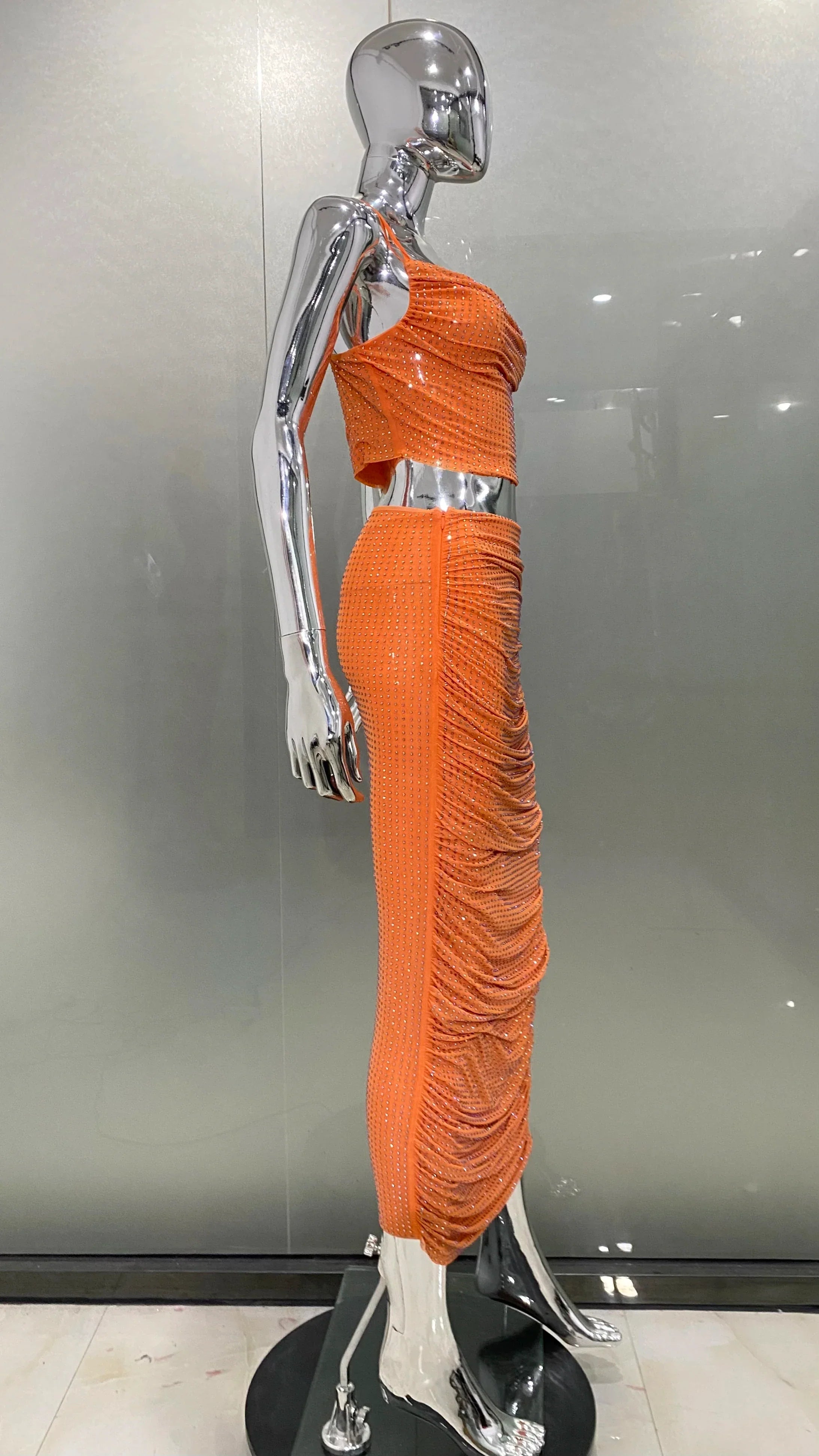 Orange Color Women Sleeveless Sexy 2 Pieces Shinning Rhinestones Bodycon Long Dress Fashion Celebrate Nightclub Party Dress