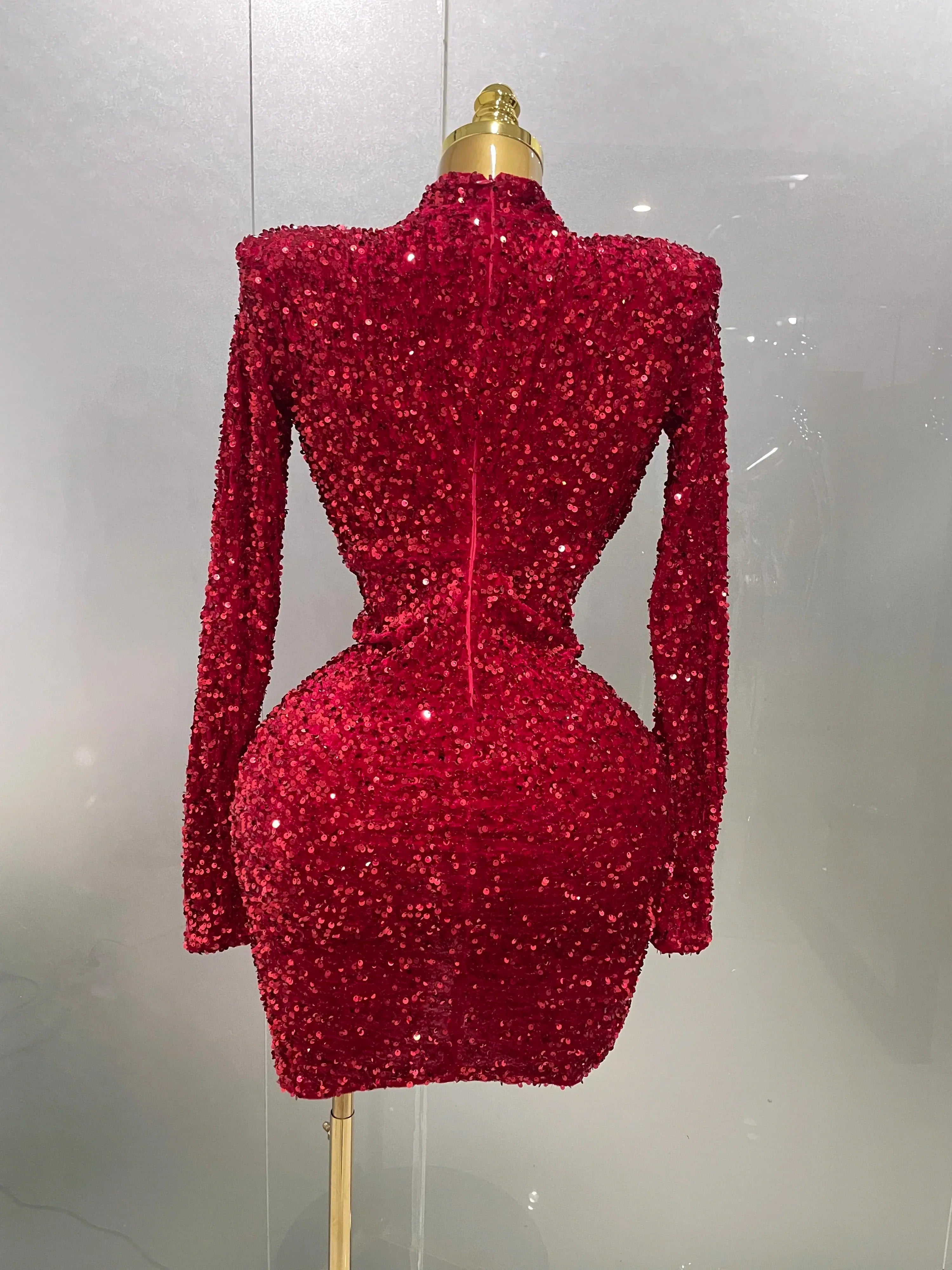 Sexy Sparkly Red Sequins Long Sleeve Short Dress  Women Evening Celebrate Birthday Party Club Performance Stage Costume