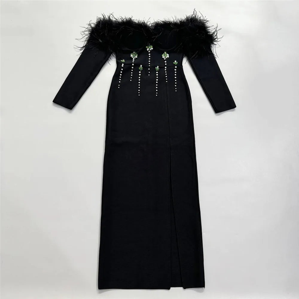 Women Long Sleeve Sexy Shinning Crystal Keyholes Bodycon Long Bandage Dress Celebrate Evening Party Cocktail Outfit style 2