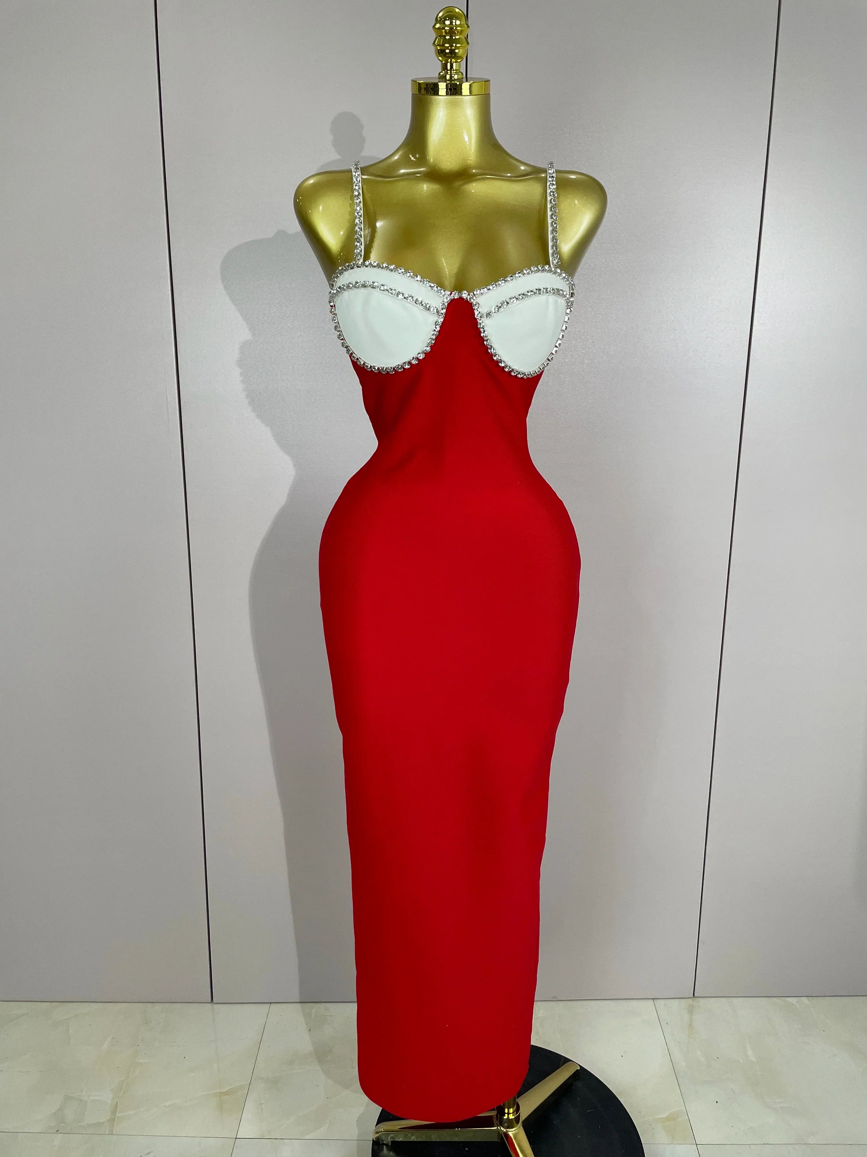 Women Celebrity Sexy Backless Diamonds Patchwork Black Red Maxi Long Bodycon Bandage Dress Elegant Evening Club Party Dress Red