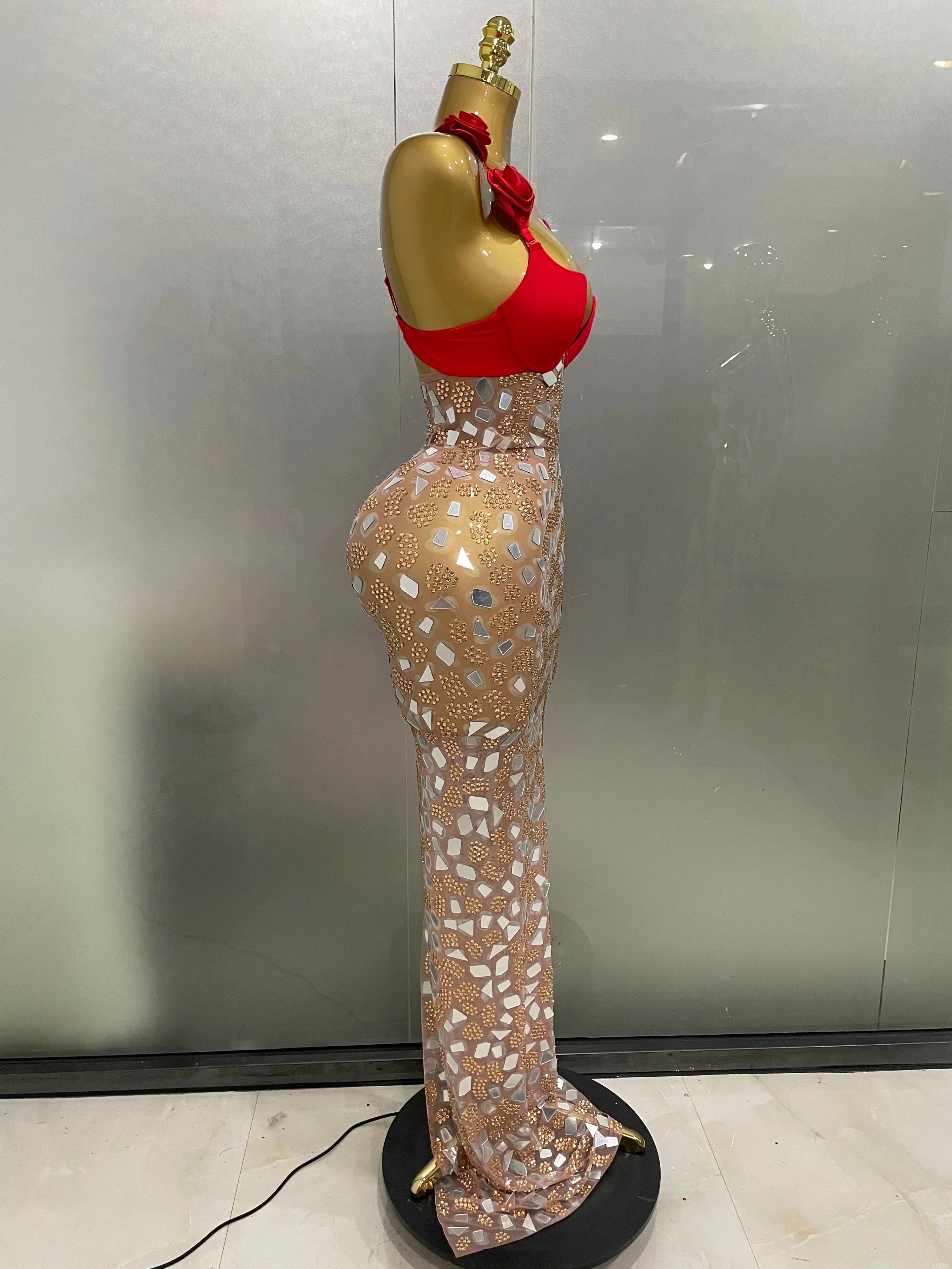 Sexy Sparkly Rhinestones Mesh Mirrors Red Roses Long Dress   Women Elegant Evening Party Club Stage performance Costume
