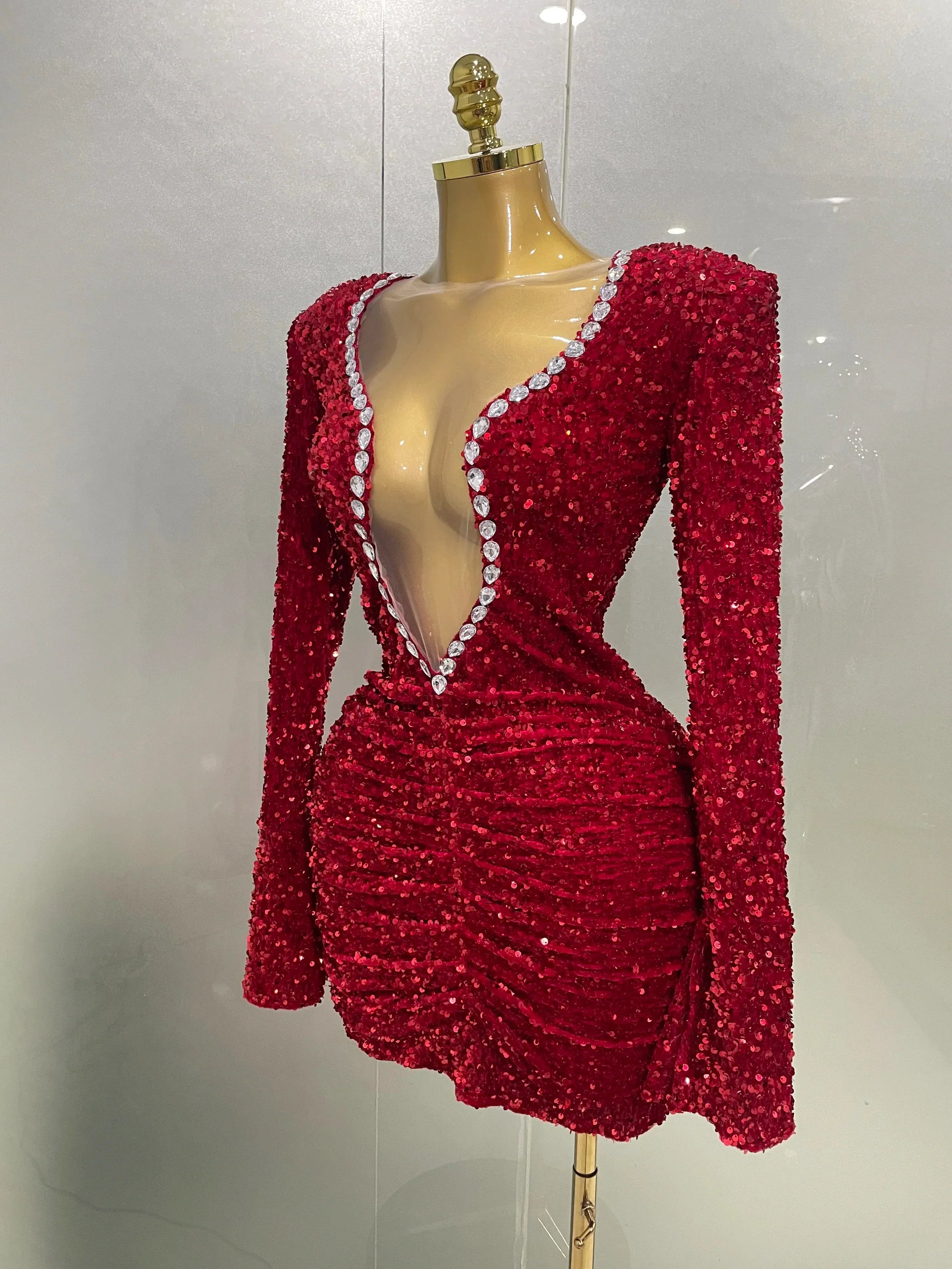 Sexy Shiny Red Sequins Rhinestones Sheath Mini Dress  Women Evening Birthday Party Nightclub Stage Performance Costume