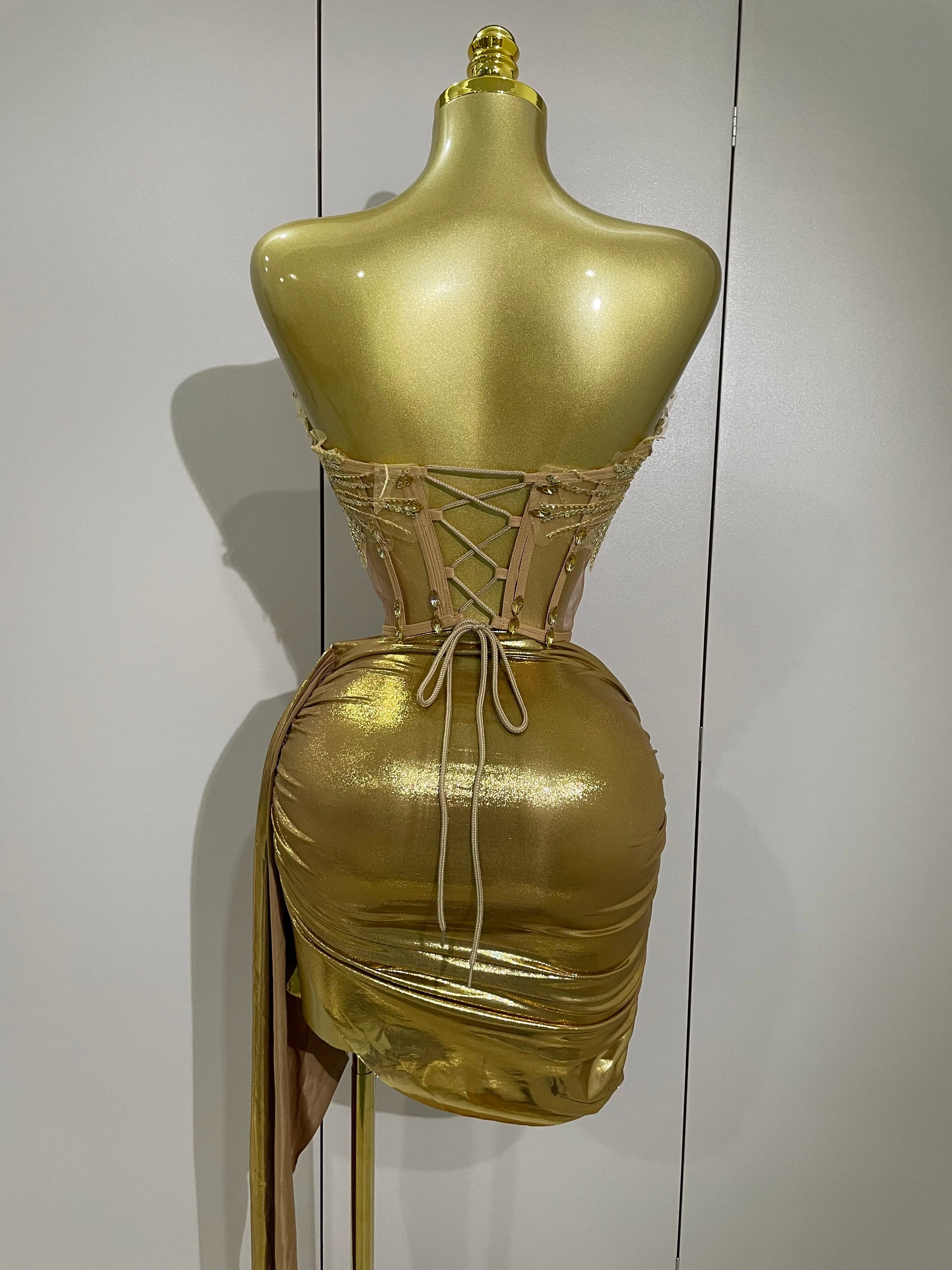 Sparkly Gold Sexy Top Two Pieces Short Skirt Set  Women Celebrate Birthday Dress Party NightClub Dancer Show Stage Outfit