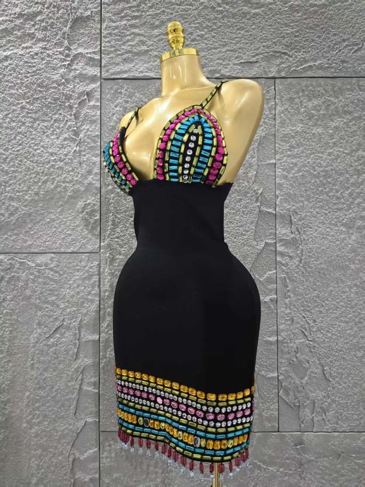 Women Sleeveless Sexy V-Neck Shinning Crystal Bodycon Mini Bandage Dress Celebrate Nightclub Party Outfit Vestido