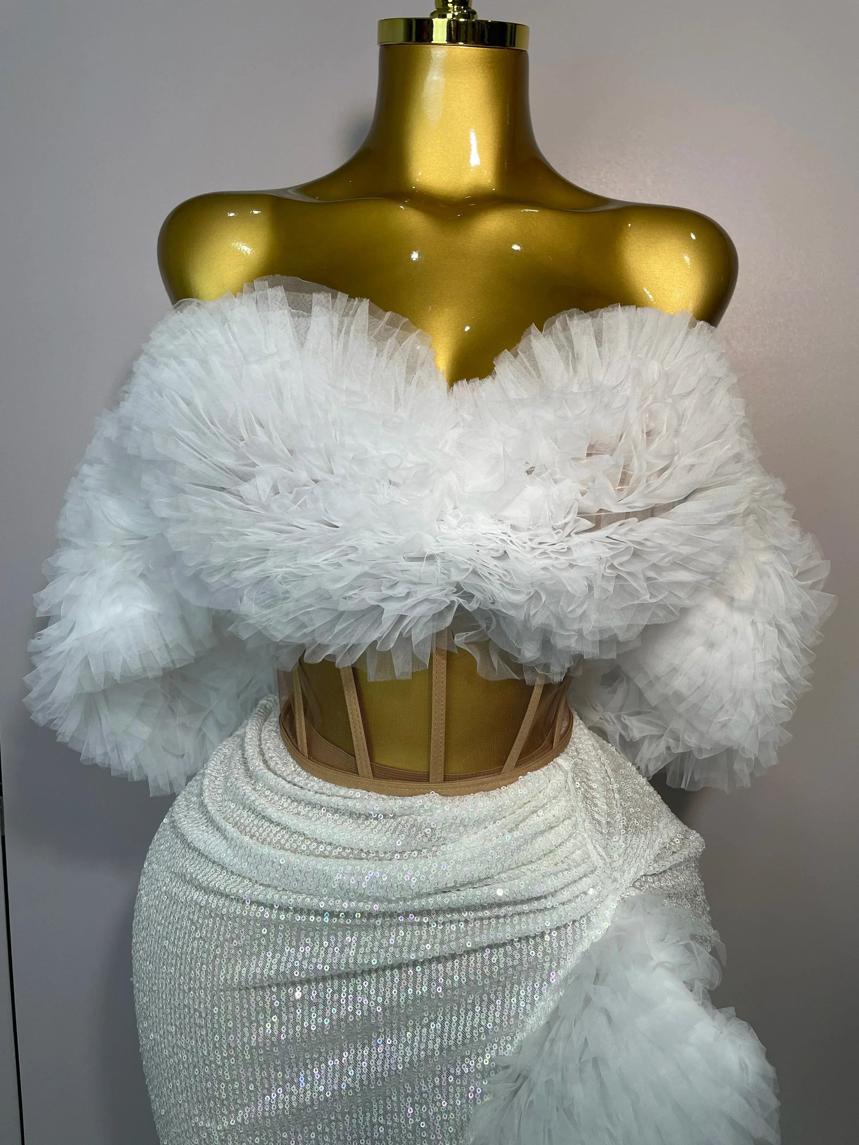 Women White Sequins Top Short Skirt Two Pieces Set Sexy Celebrate Evening Prom Birthday Dress Nightclub Stage Outfit