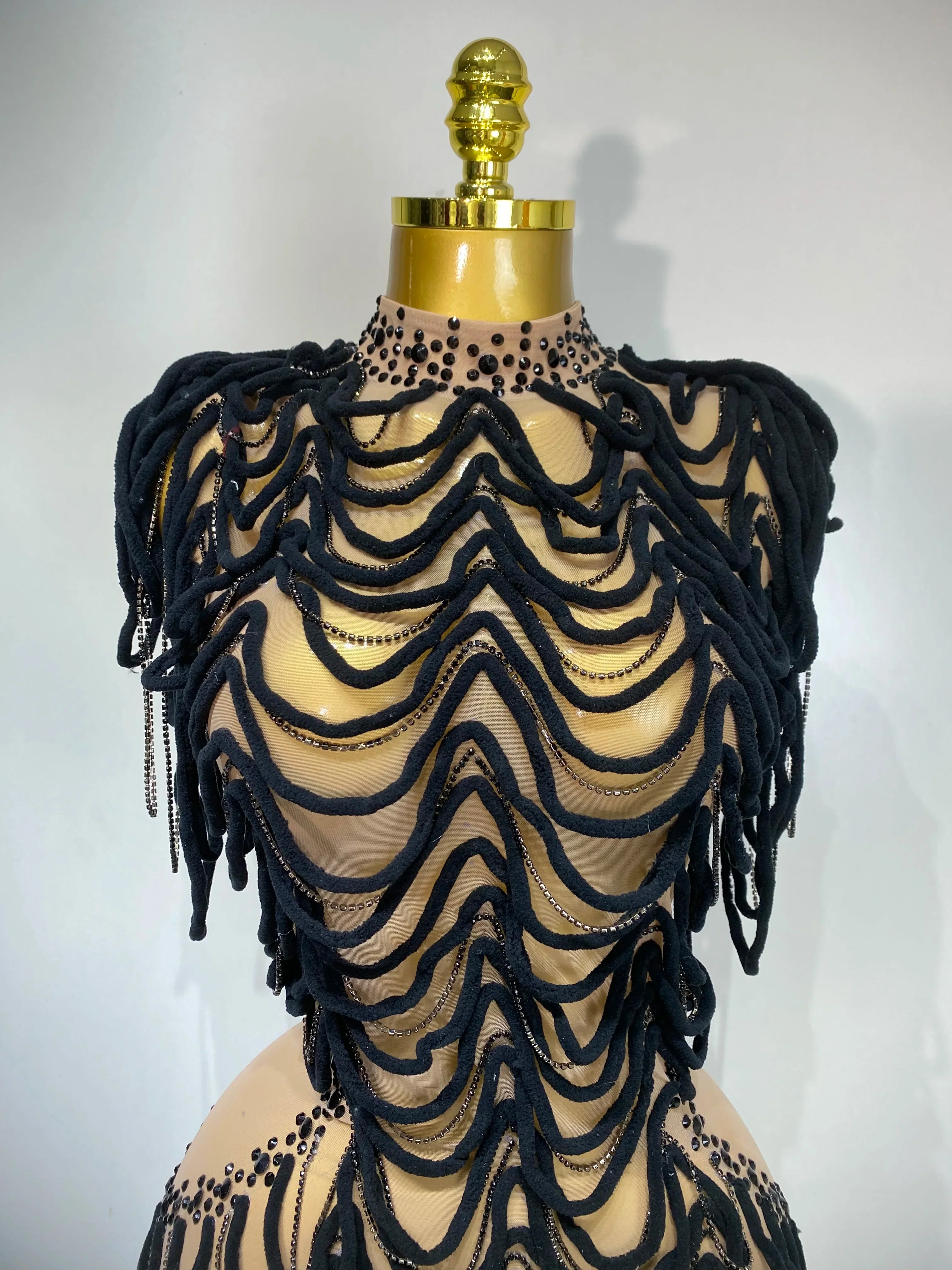 Women Sexy Fashion Short Dress Mesh Designer Rhinestones Chain Stage Costume Nightclub Celebrate Party Performance Outfit