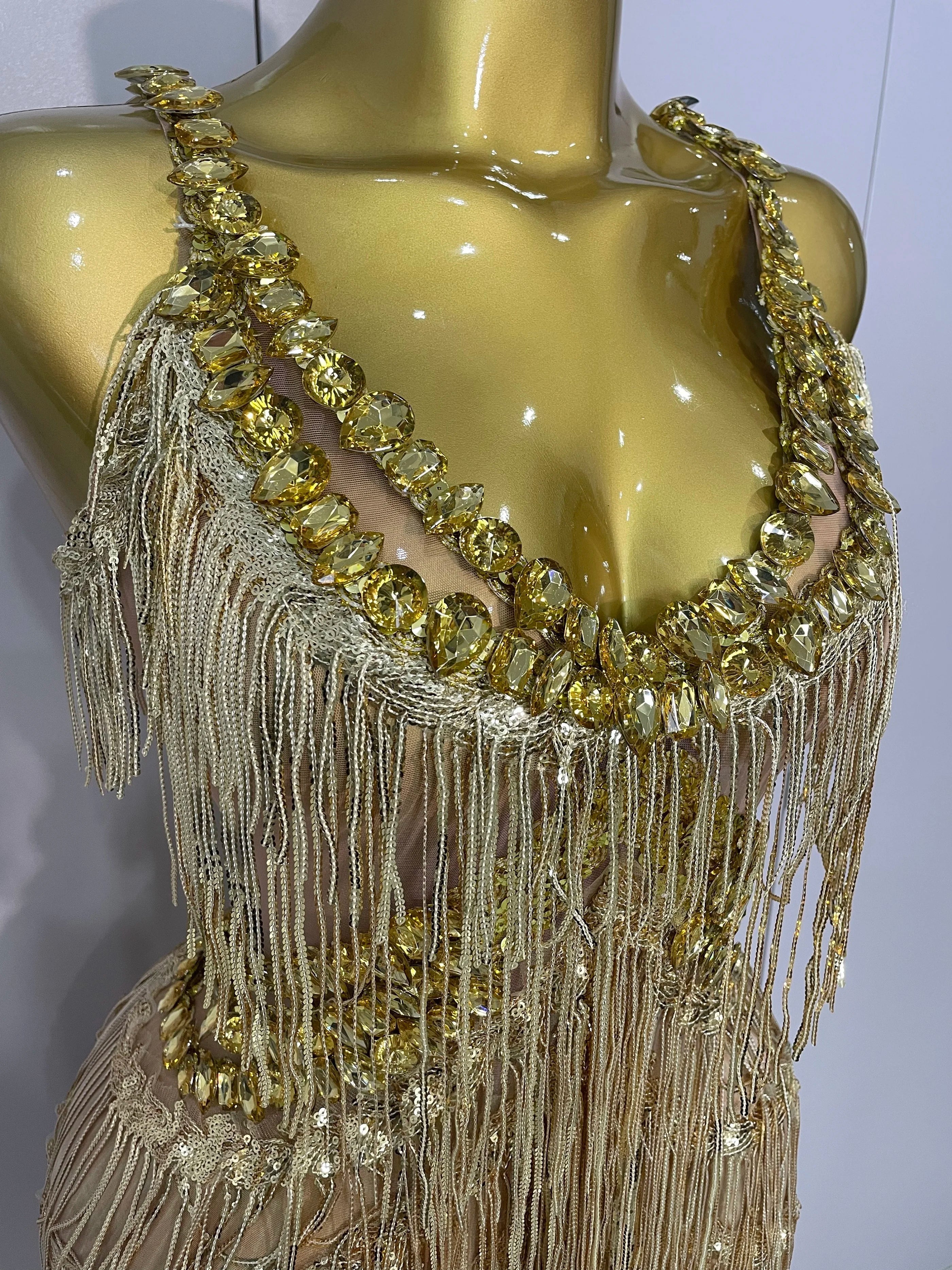 Shiny Gold Rhinestones Sequined Fringe Wide-leg jumpsuit  Women Sexy Night Party Club Outfit Singer Stage Perform Costume