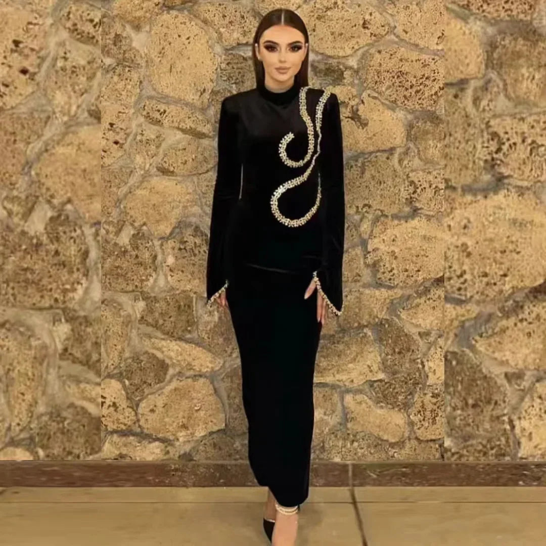 Women Long Sleeve Sexy Shinning Crystal Bodycon Long Bandage Dress Celebrate Evening Party Nightclub Outfit Wear