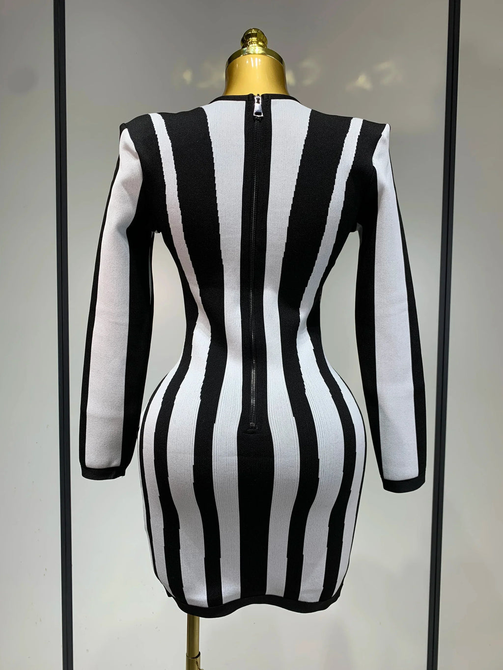 WomenLuxury Sexy Long Sleeve Stripe Black White Mini Bandage Dress  Knitted Celebrity Elegant Evening Club Birthday Dresses