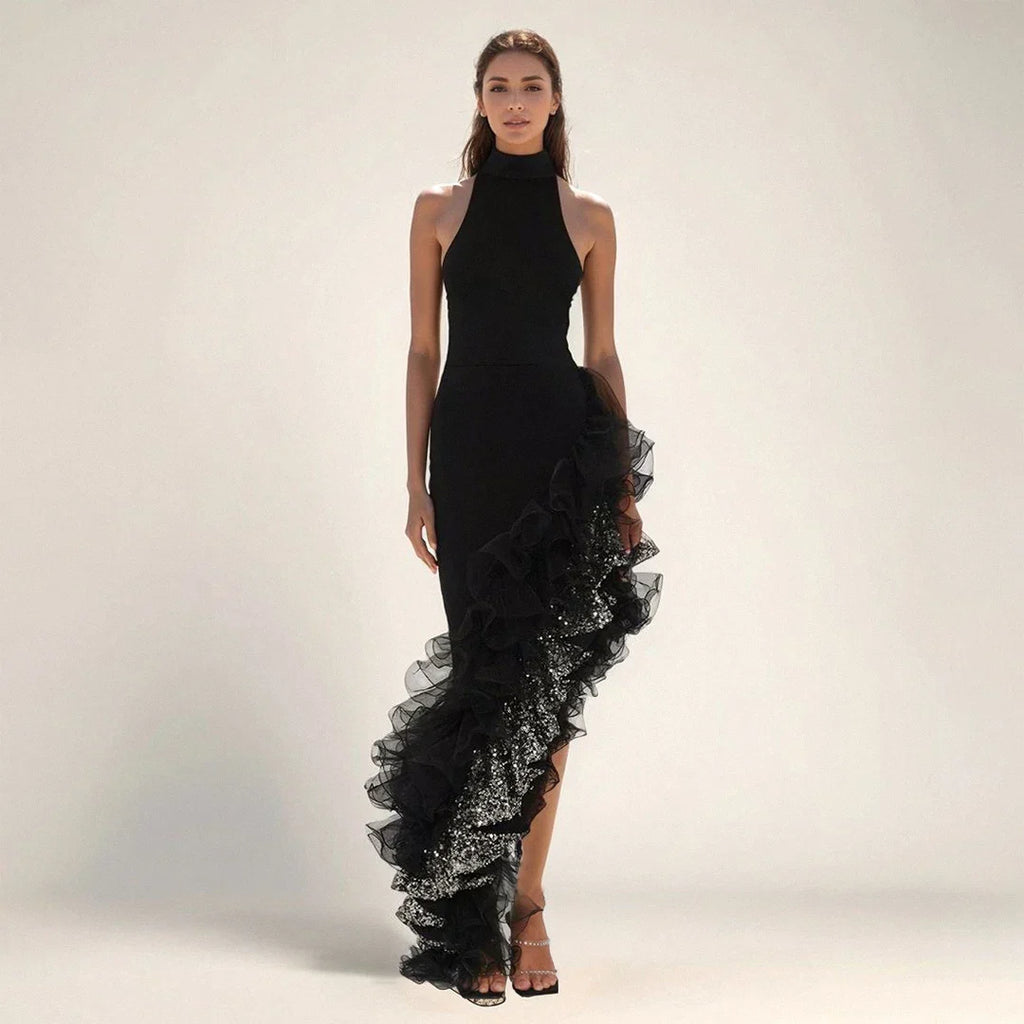 Women Sexy Off the Shoulder Shinning Ruffles Bodycon Bandage Long Dress Celebrate Fashion Evening Party Outfit